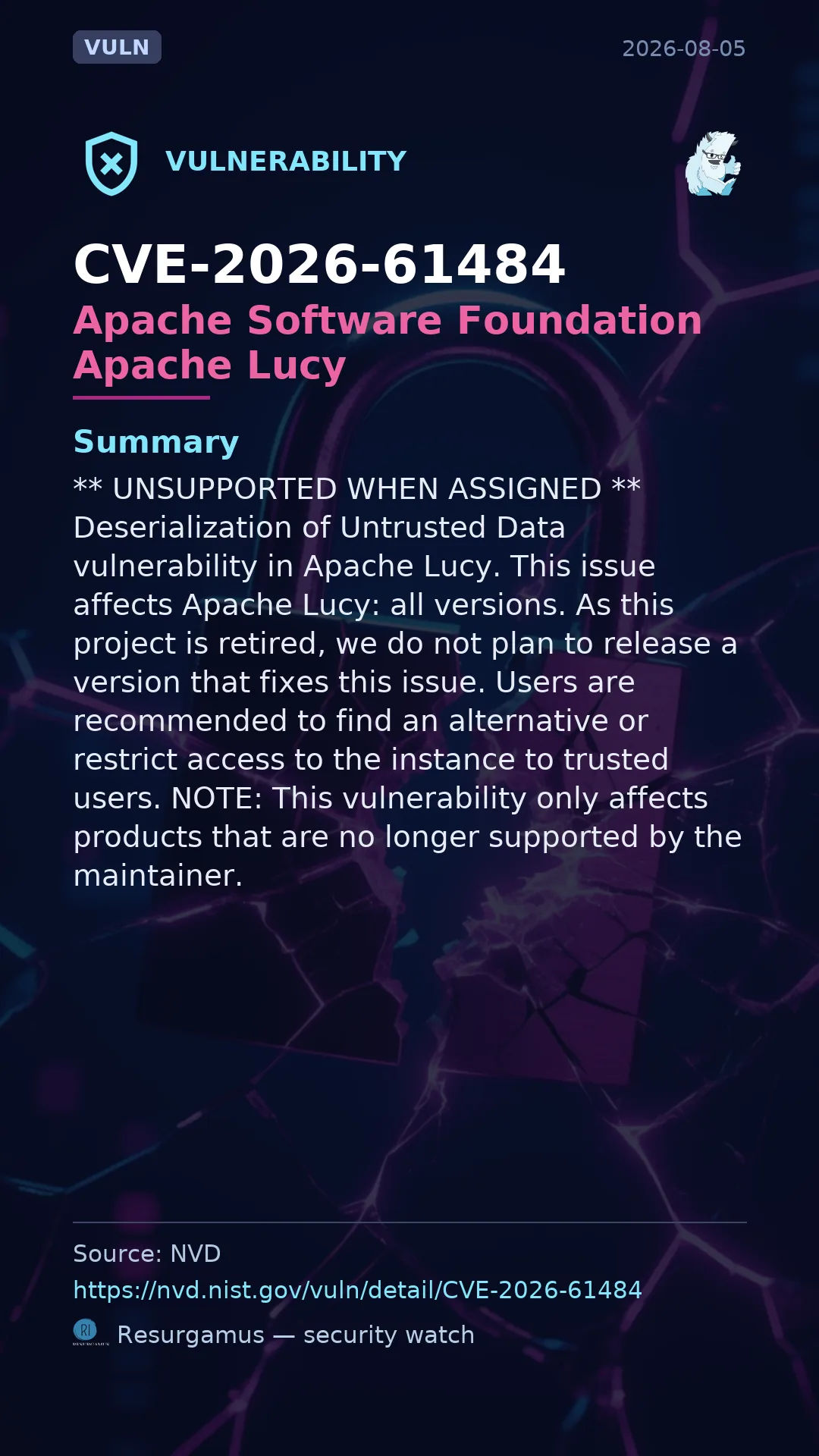 CVE-2026-61484 Apache Software Foundation Apache Lucy Vulnerability