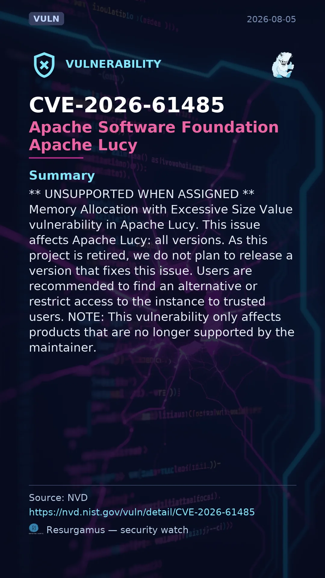 CVE-2026-61485 Apache Software Foundation Apache Lucy Vulnerability