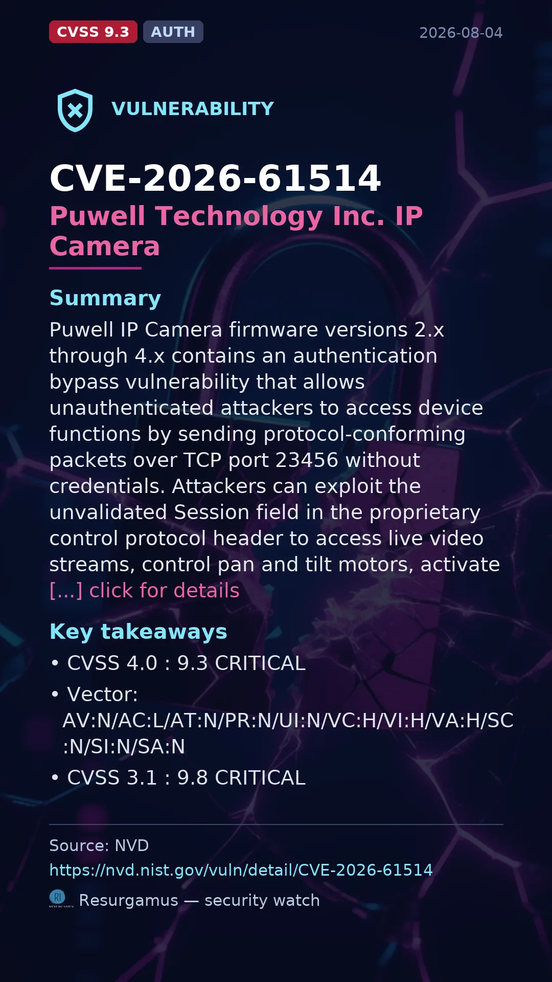 CVE-2026-61514 Puwell Technology Inc. IP Camera Vulnerability
