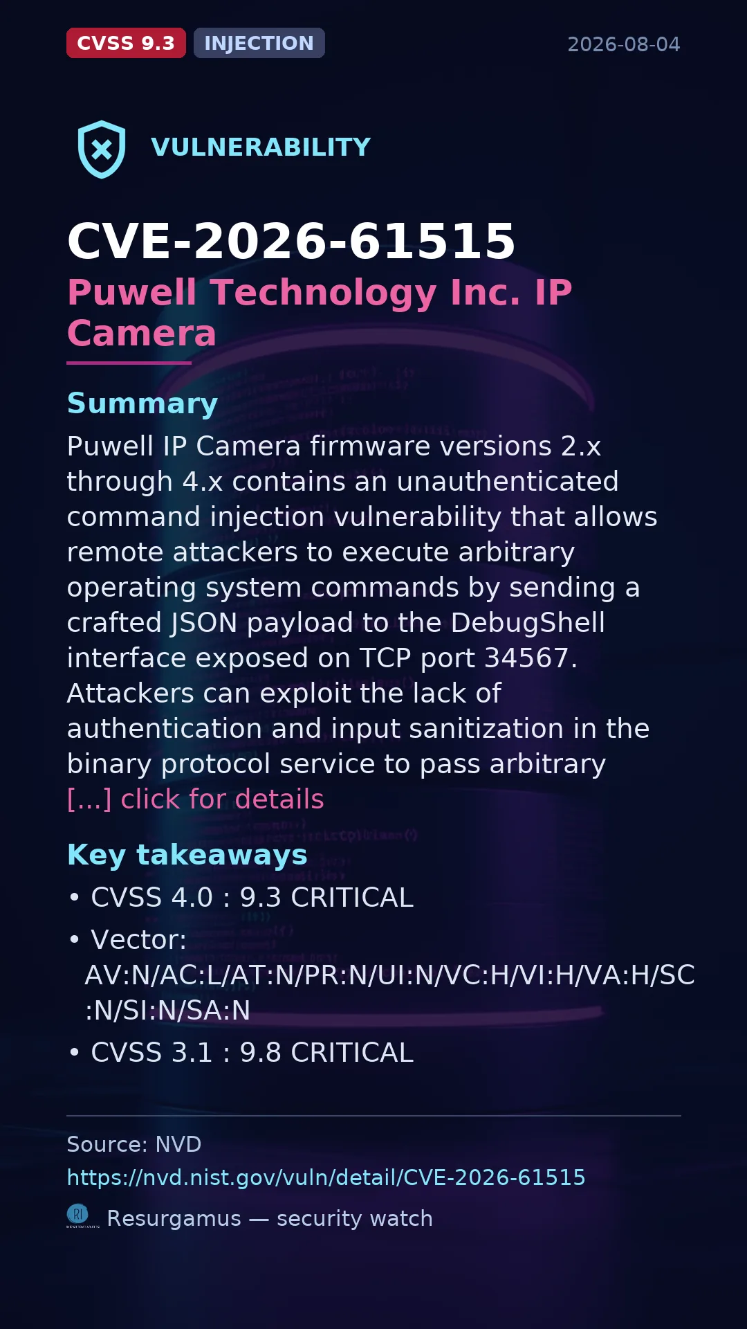 CVE-2026-61515 Puwell Technology Inc. IP Camera Vulnerability