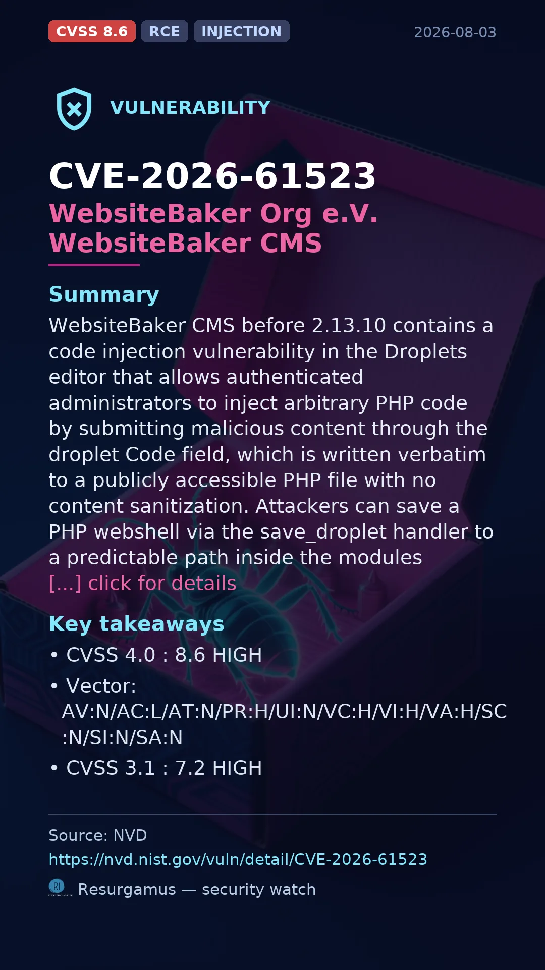CVE-2026-61523 WebsiteBaker Org e.V. WebsiteBaker CMS Vulnerability
