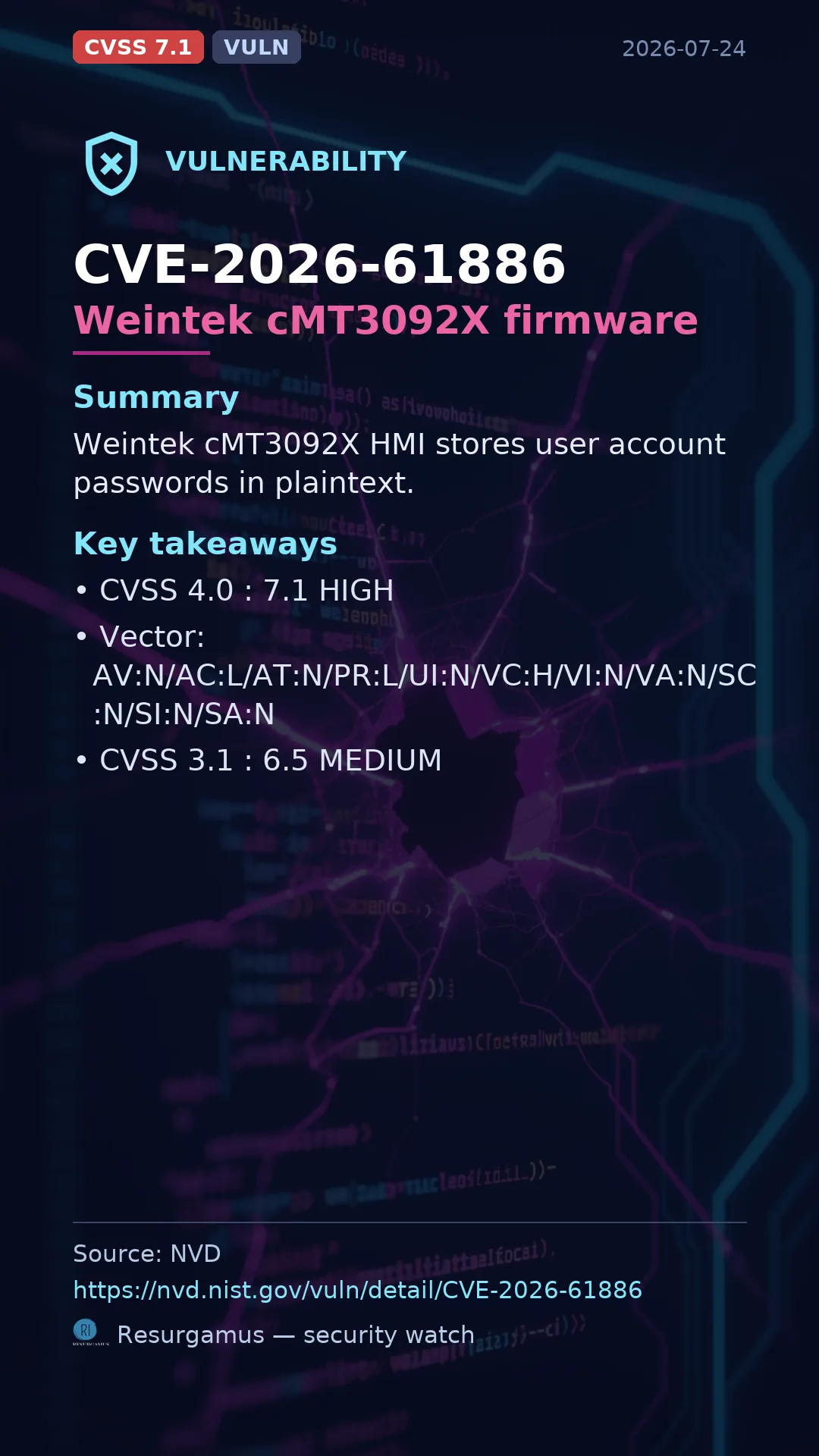 CVE-2026-61886 - Weintek cMT3092X firmware vulnerability
