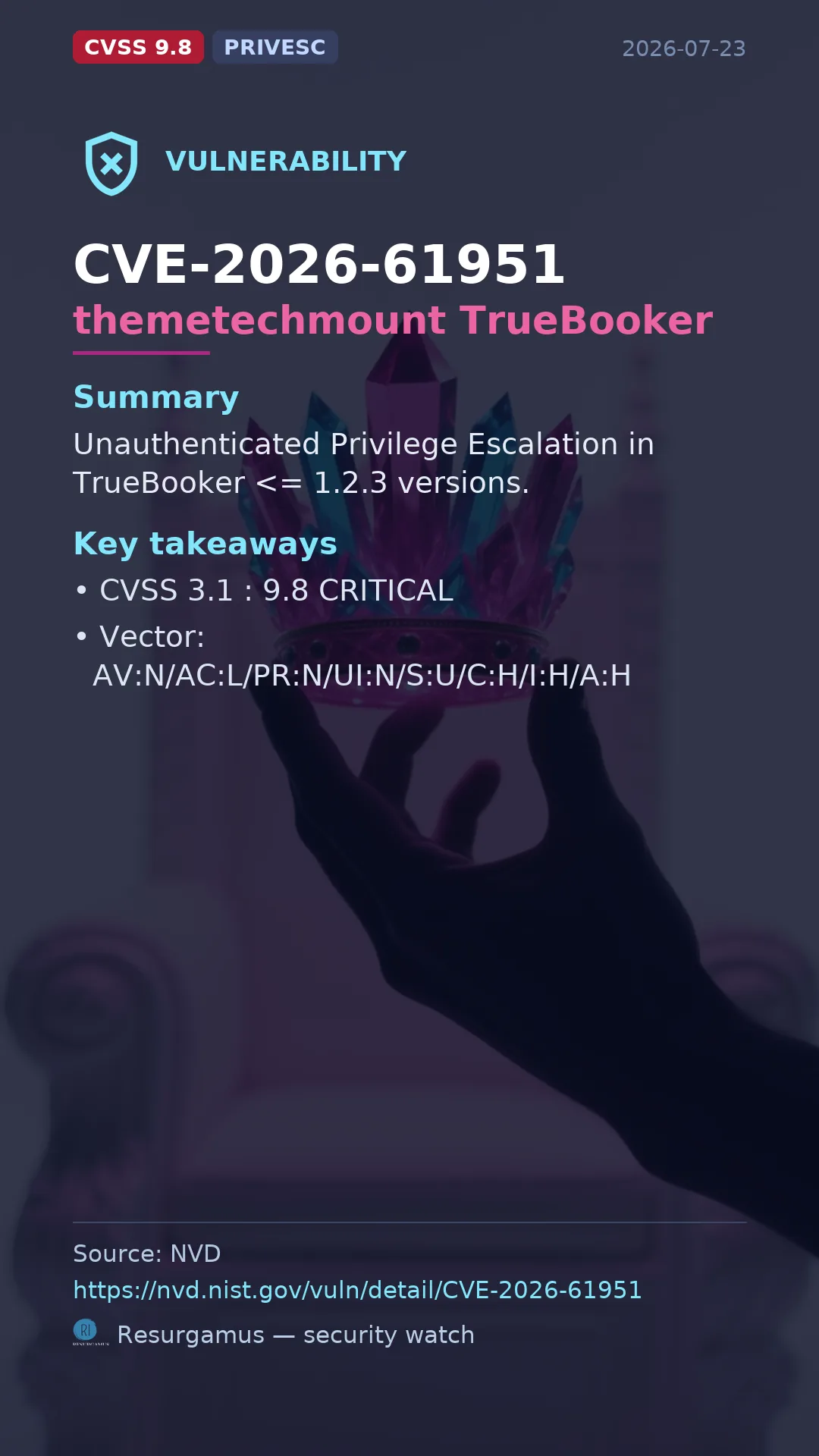 CVE-2026-61951 themetechmount TrueBooker Vulnerability