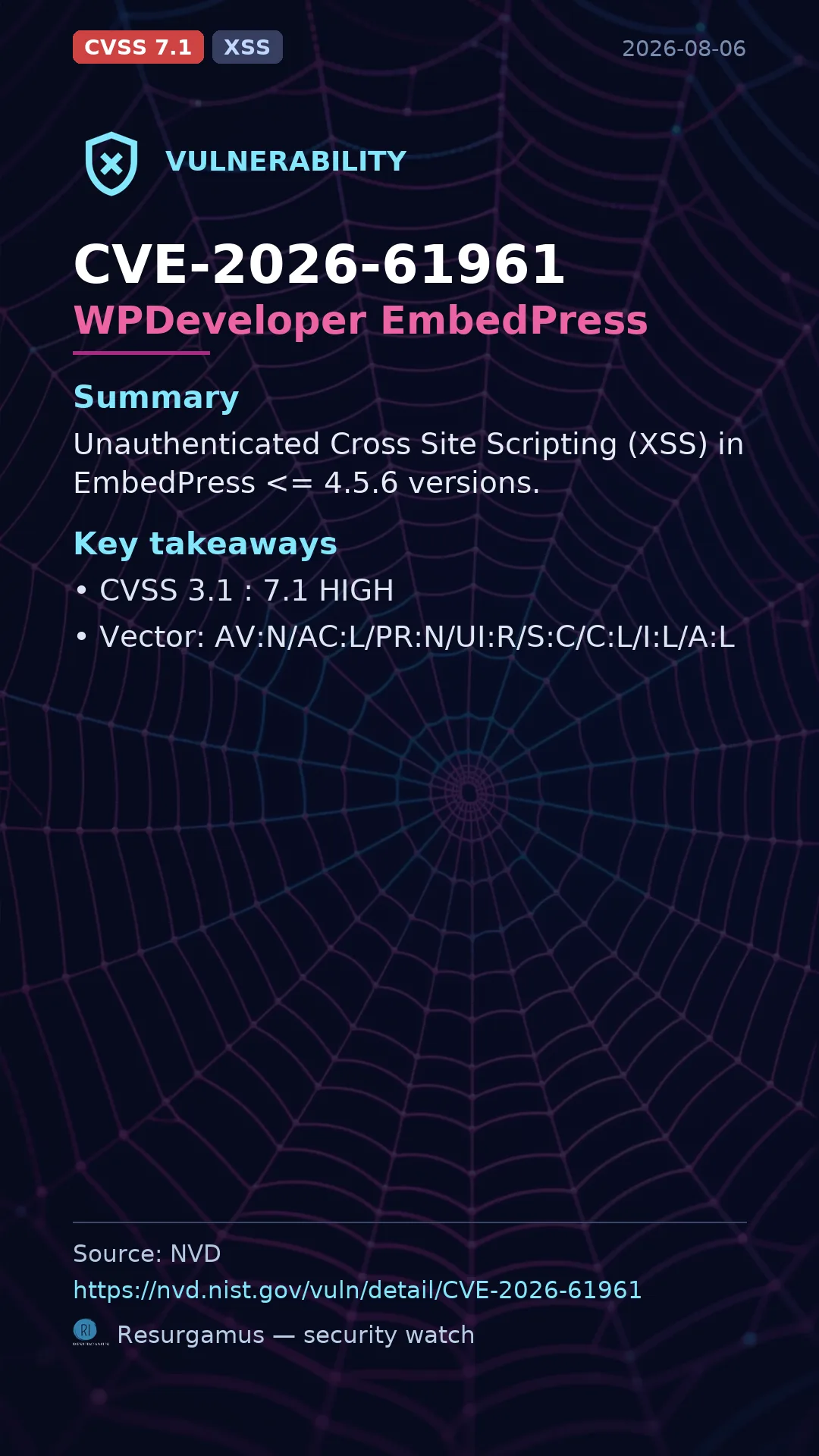 CVE-2026-61961 WPDeveloper EmbedPress Vulnerability