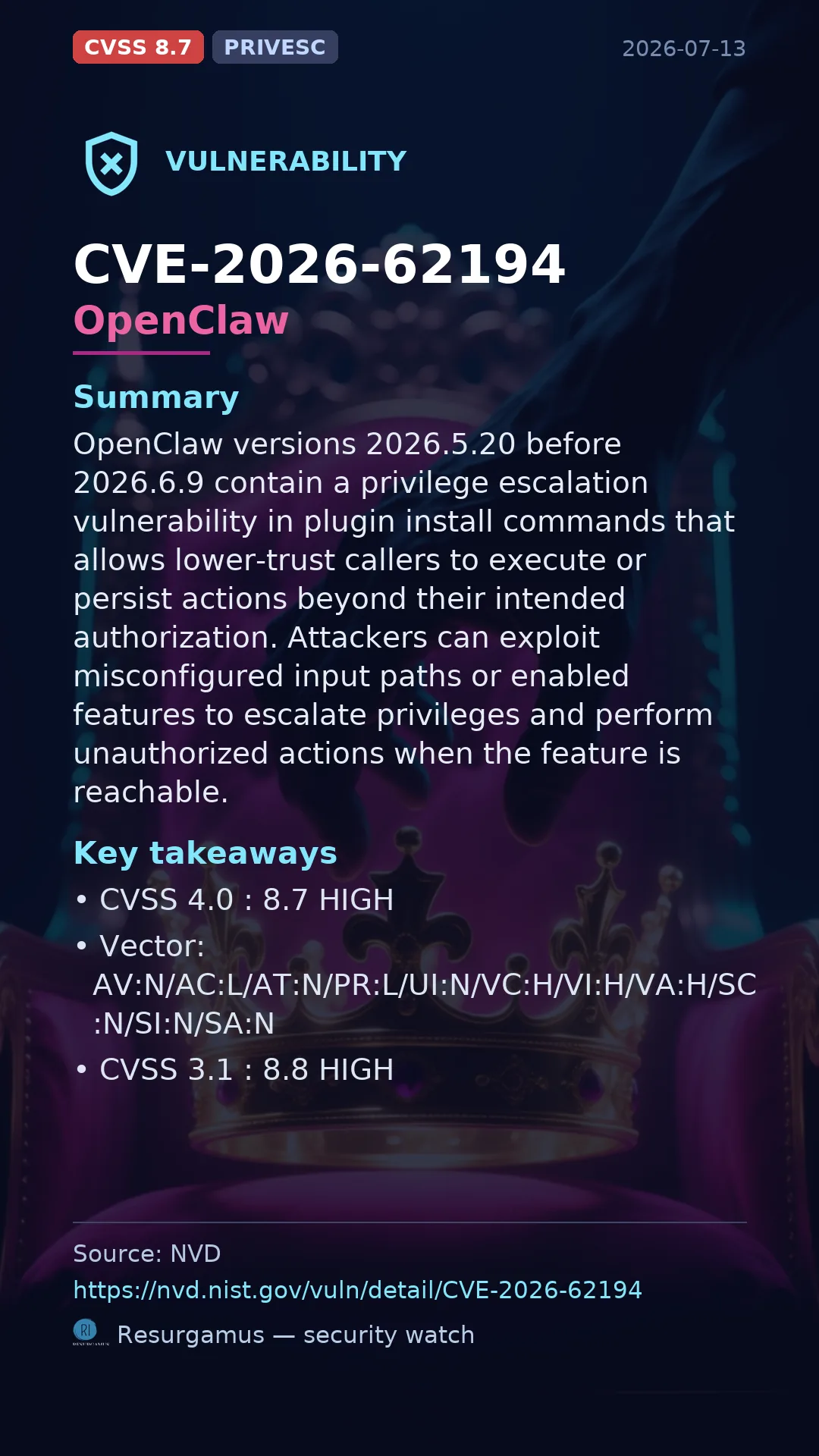 CVE-2026-62194 OpenClaw Vulnerability