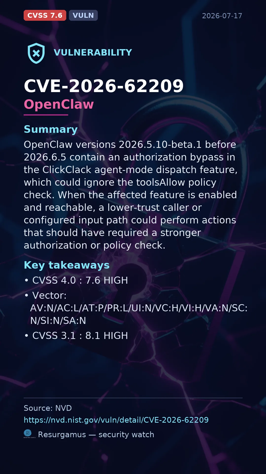 CVE-2026-62209 OpenClaw Vulnerability