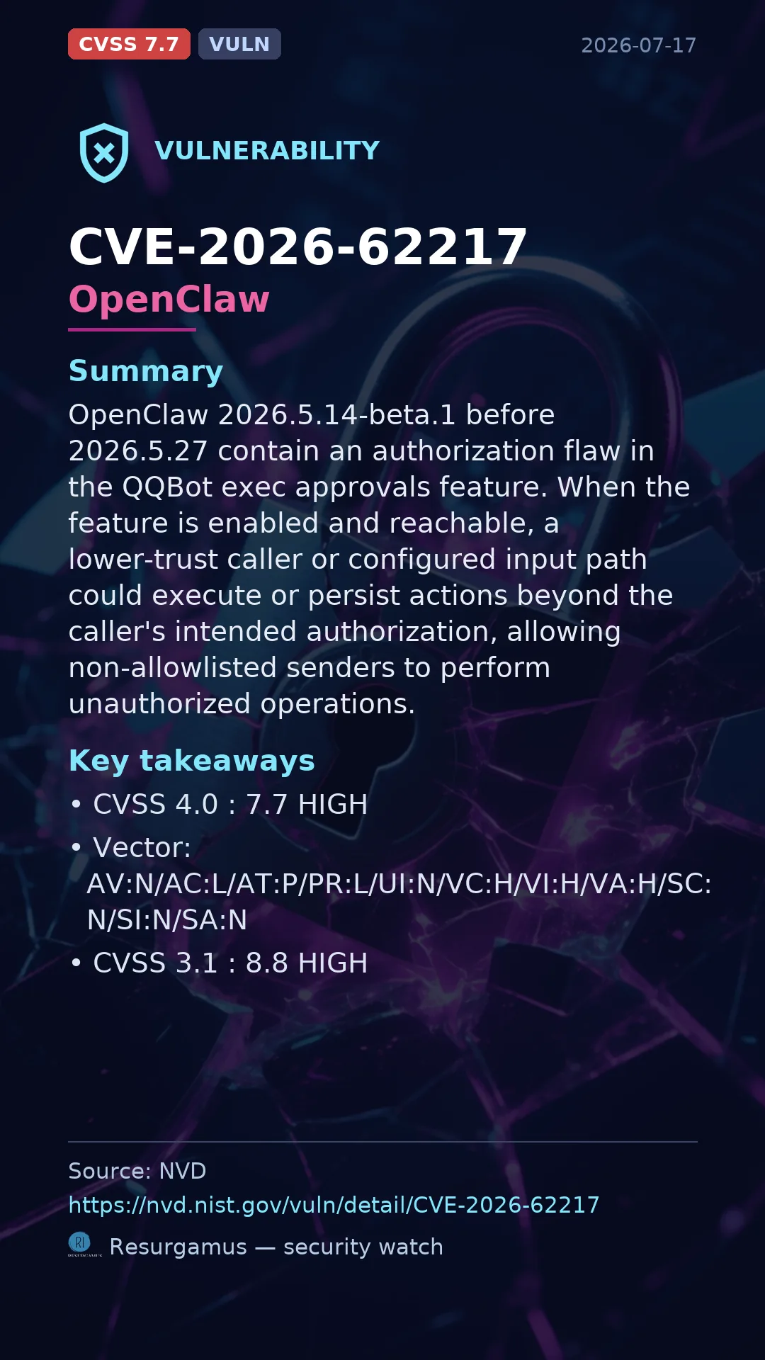 CVE-2026-62217 OpenClaw Vulnerability