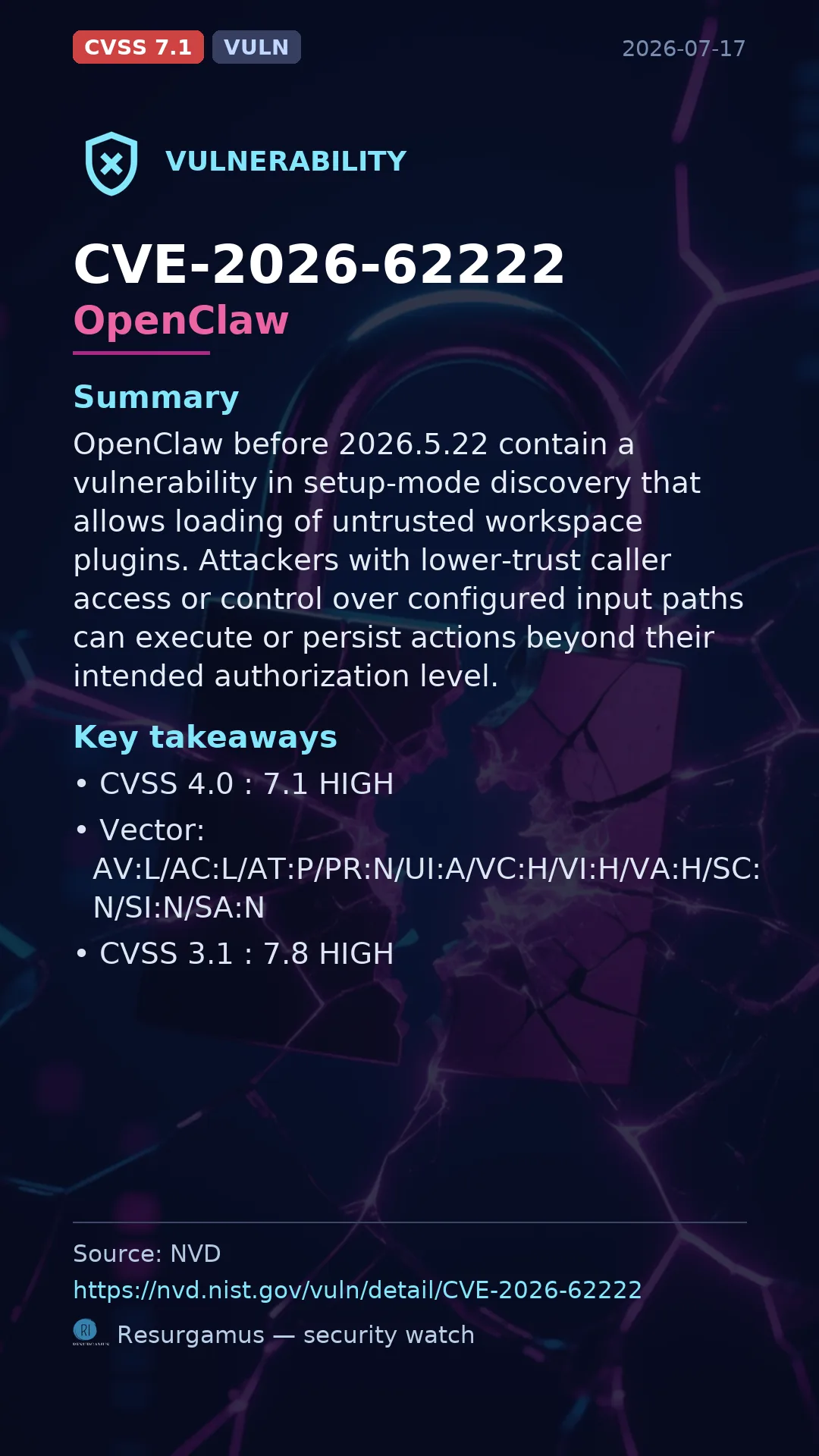 CVE-2026-62222 OpenClaw Vulnerability