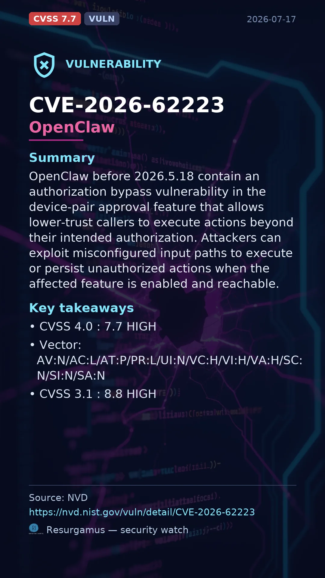 CVE-2026-62223 OpenClaw Vulnerability
