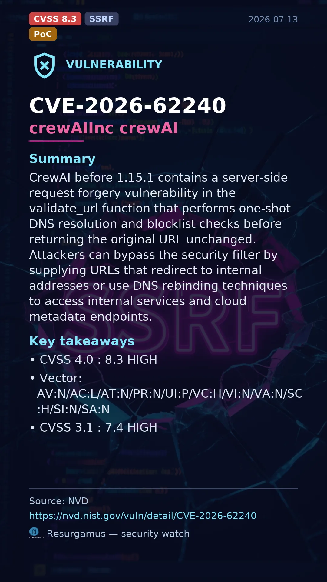 CVE-2026-62240 crewAIInc crewAI Vulnerability