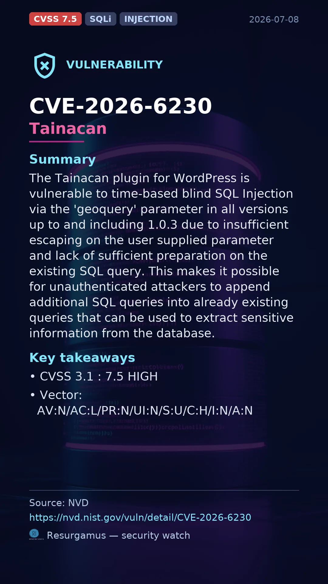 CVE-2026-6230 Tainacan Vulnerability