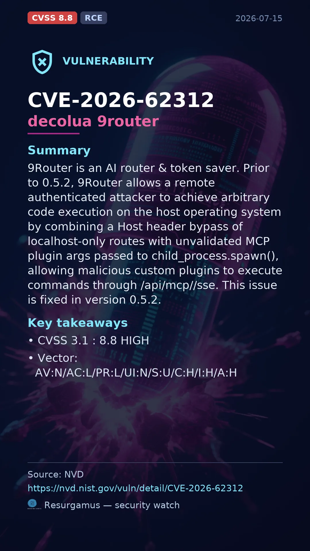 CVE-2026-62312 decolua 9router Vulnerability