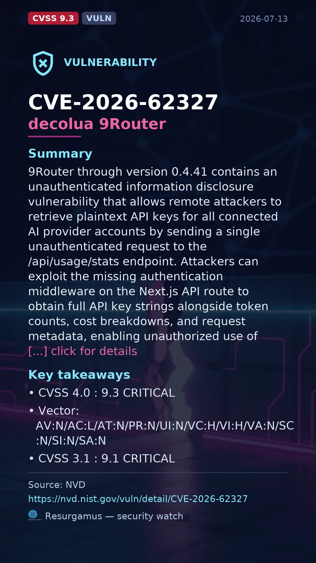 CVE-2026-62327 decolua 9Router Vulnerability