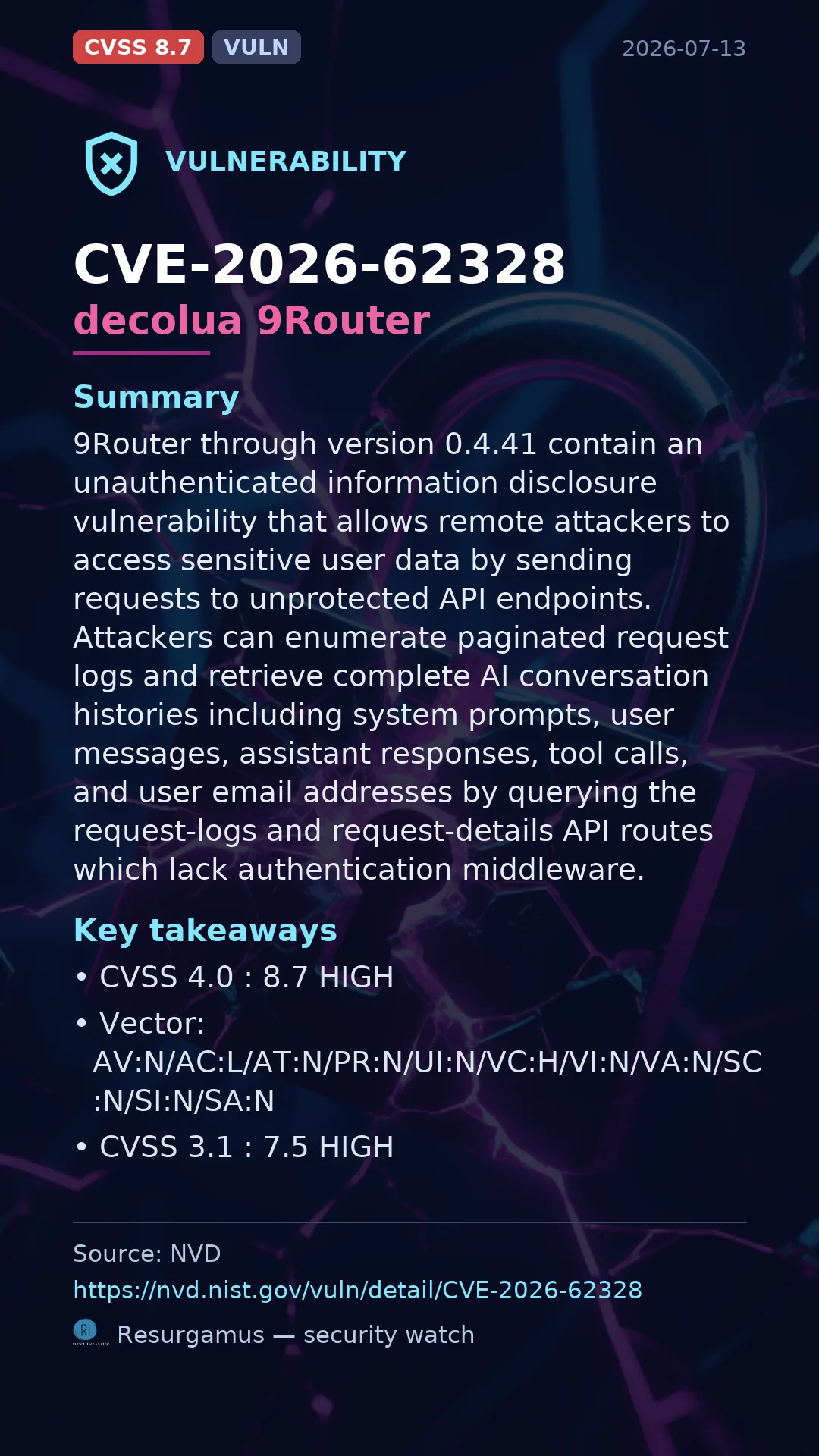 CVE-2026-62328 decolua 9Router Vulnerability
