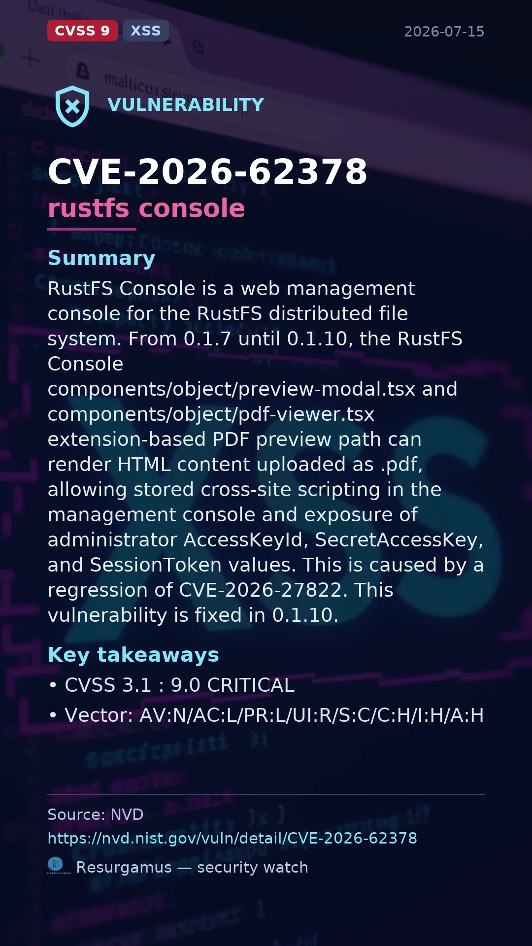 CVE-2026-62378 rustfs console Vulnerability