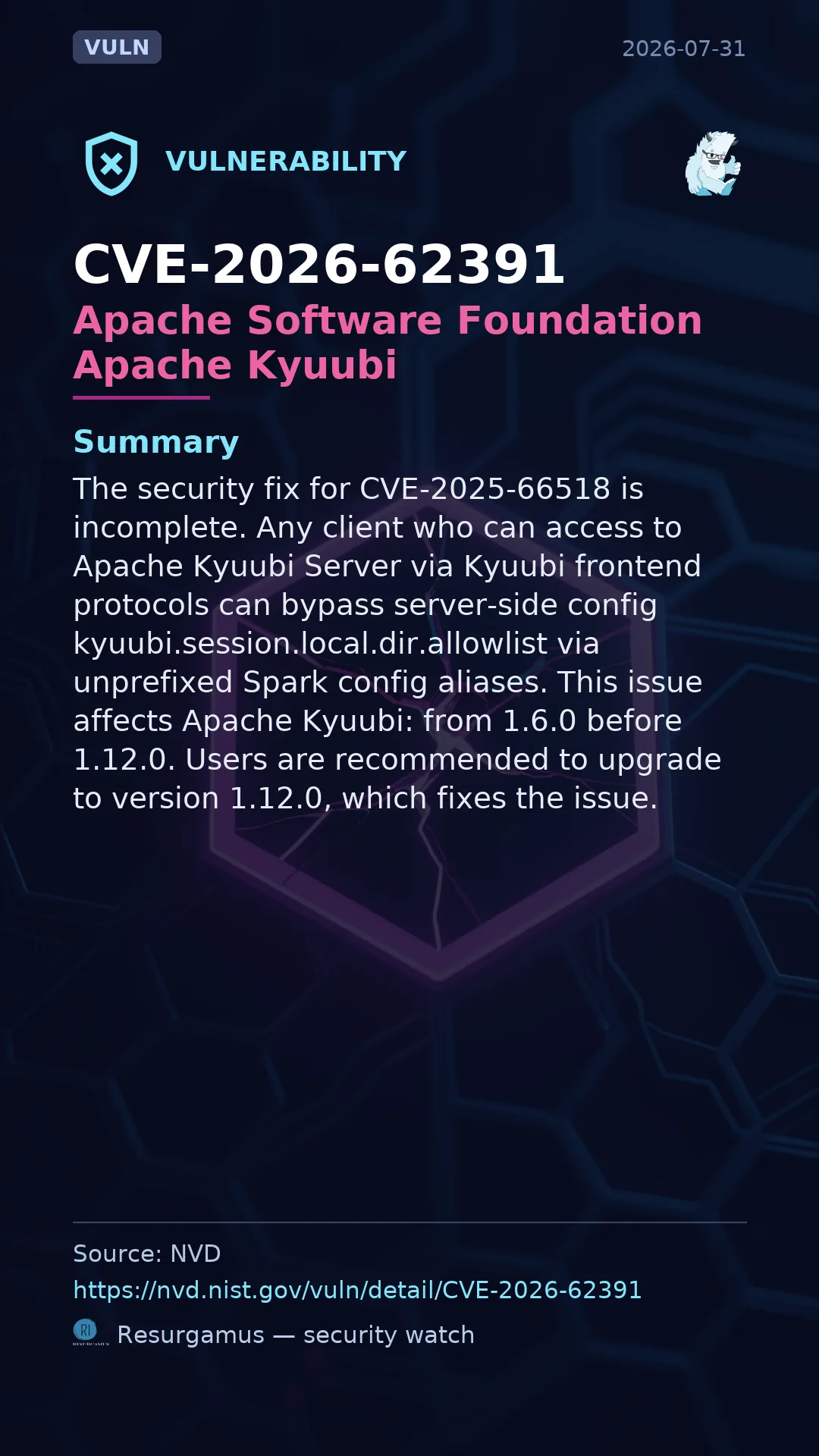 CVE-2026-62391 Apache Software Foundation Apache Kyuubi Vulnerability