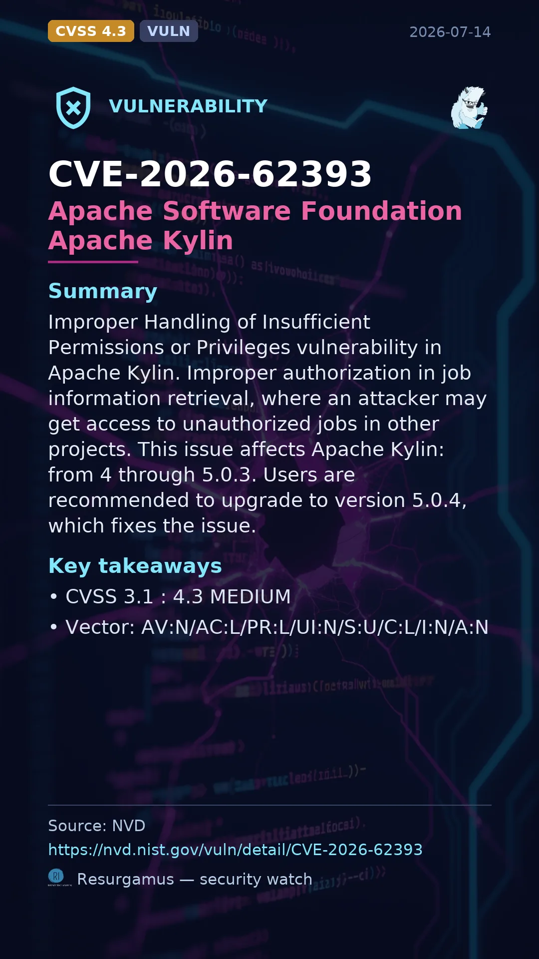 CVE-2026-62393 Apache Software Foundation Apache Kylin Vulnerability