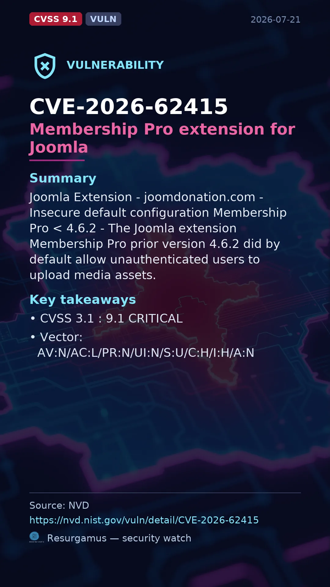 CVE-2026-62415 Membership Pro extension for Joomla Vulnerability