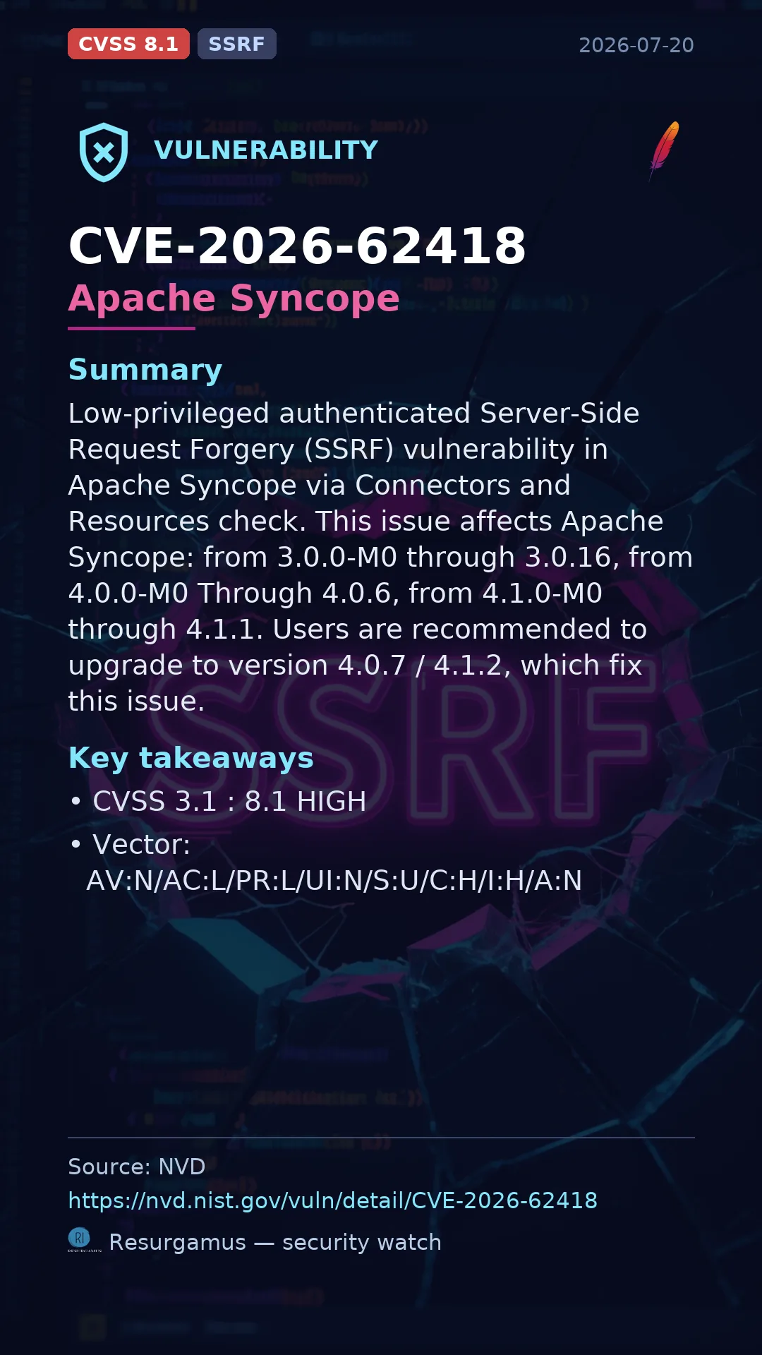 CVE-2026-62418 Apache Syncope Vulnerability