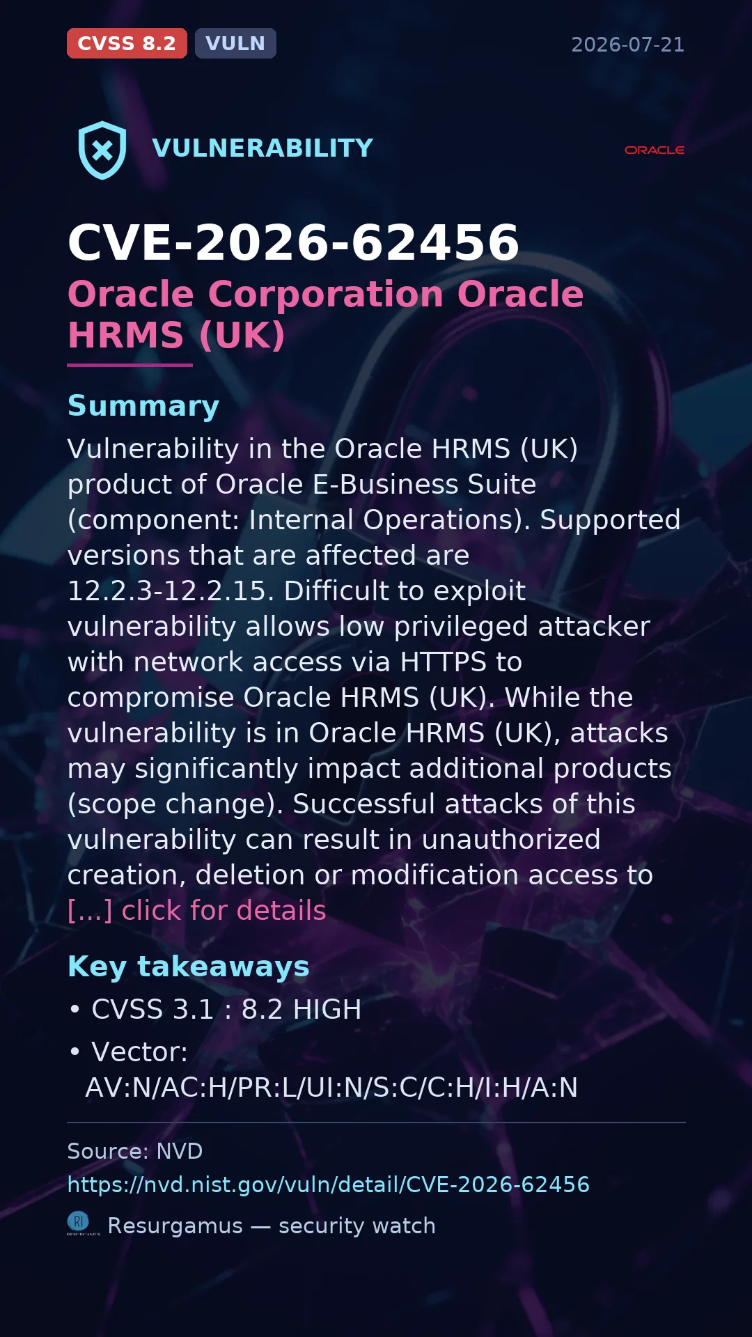 CVE-2026-62456 Oracle Corporation Oracle HRMS (UK) Vulnerability