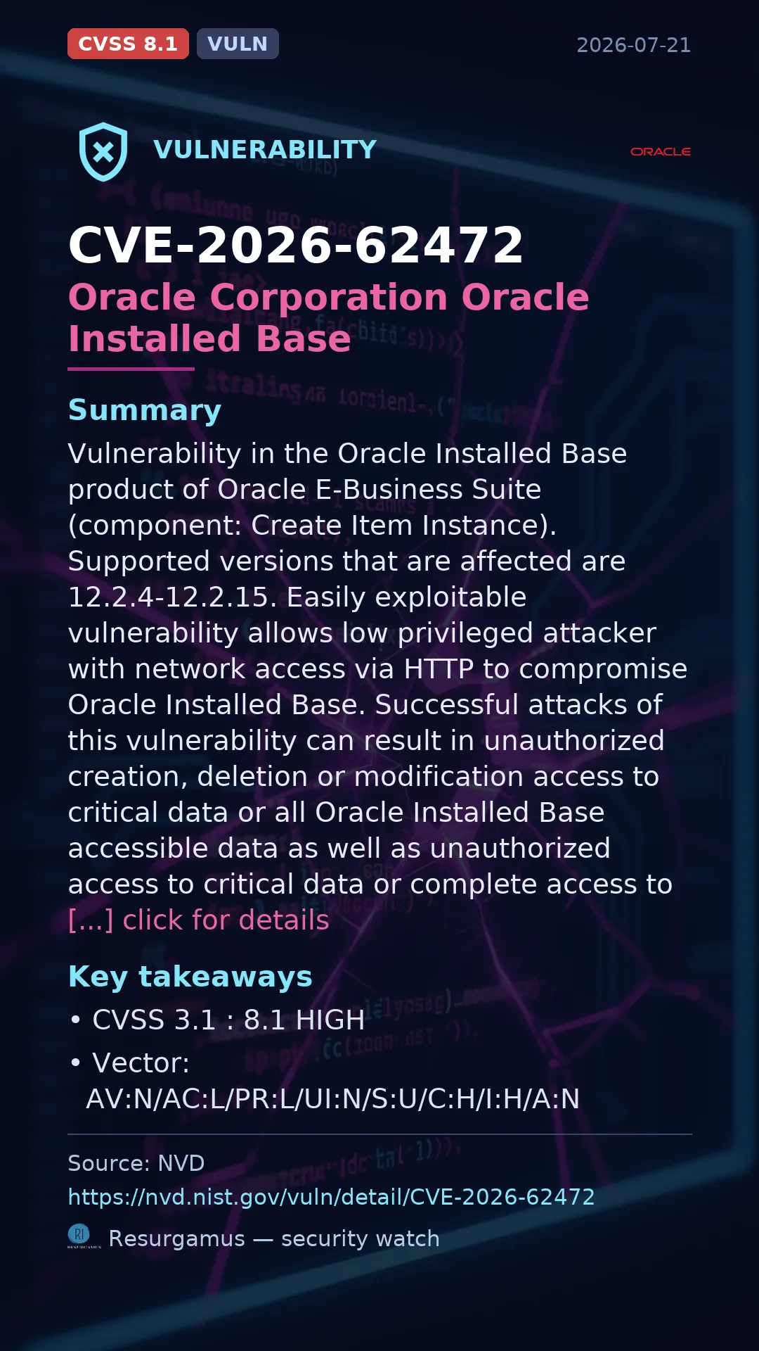 CVE-2026-62472 Oracle Corporation Oracle Installed Base Vulnerability