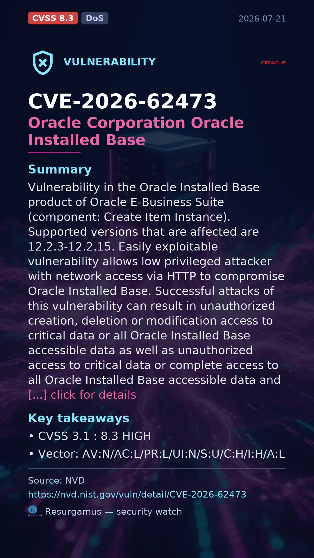 CVE-2026-62473 Oracle Corporation Oracle Installed Base Vulnerability