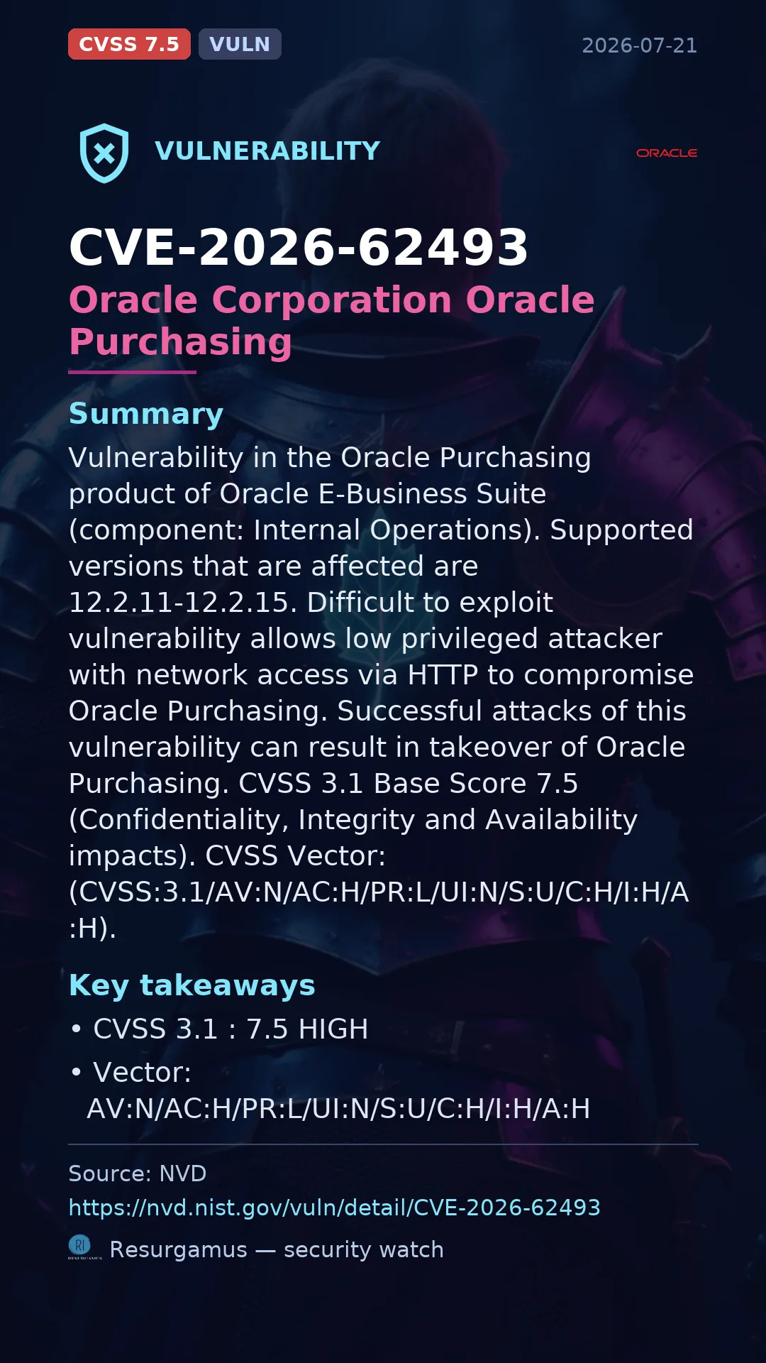 CVE-2026-62493 Oracle Corporation Oracle Purchasing Vulnerability
