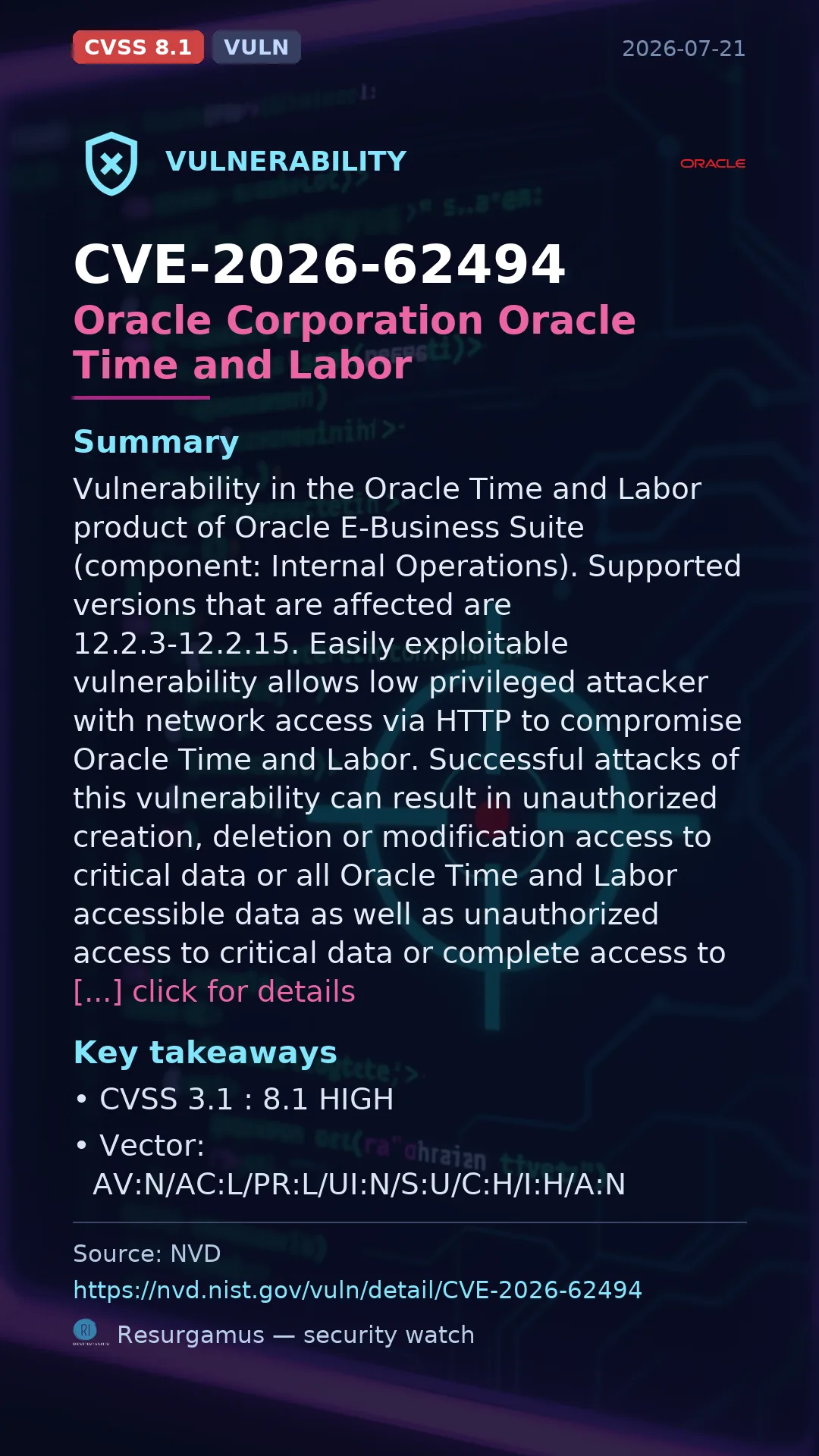 CVE-2026-62494 Oracle Corporation Oracle Time and Labor Vulnerability