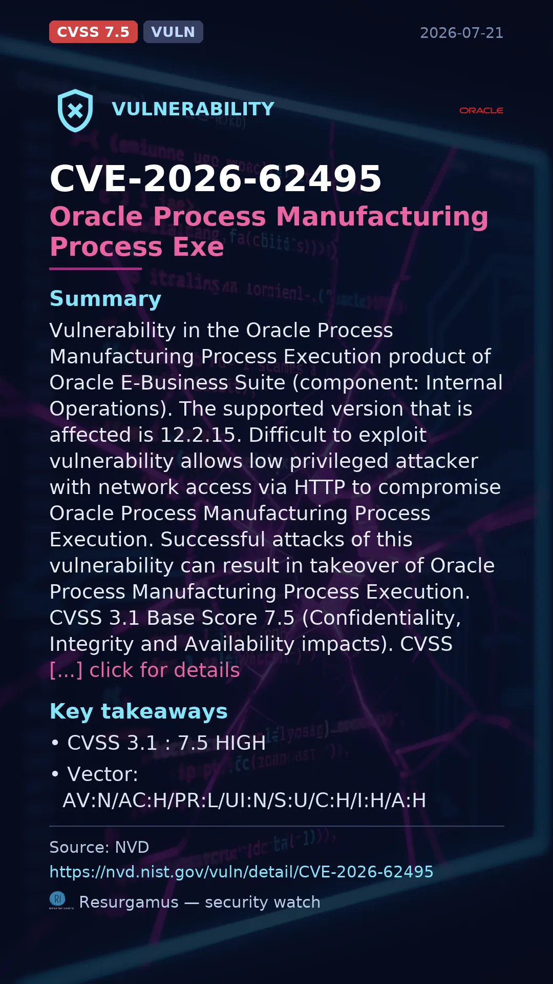 CVE-2026-62495 Oracle Process Manufacturing Process Exe Vulnerability