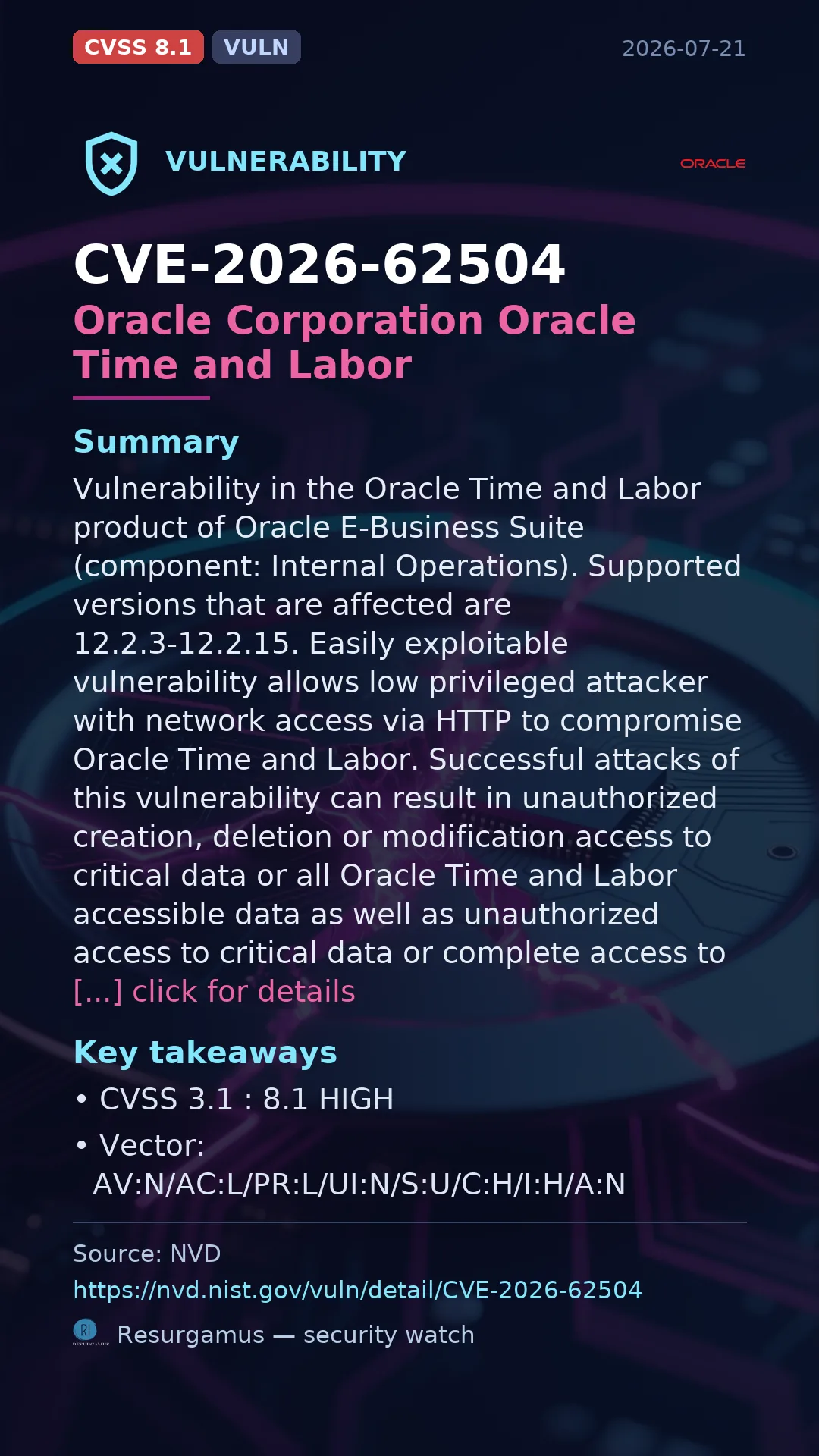 CVE-2026-62504 Oracle Corporation Oracle Time and Labor Vulnerability