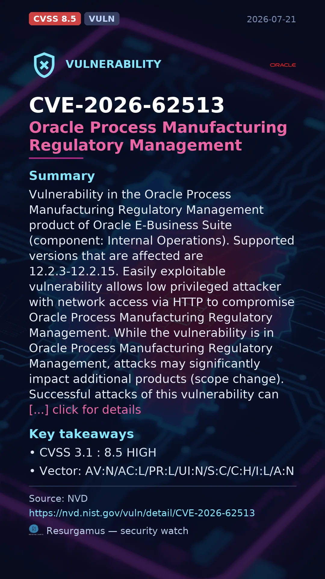 CVE-2026-62513 Oracle Process Manufacturing Regulatory Management Vulnerability