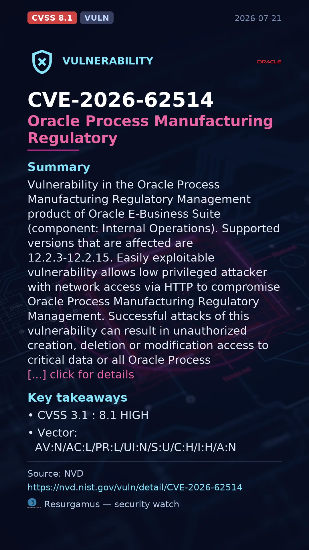 CVE-2026-62514 Oracle Process Manufacturing Regulatory  Vulnerability