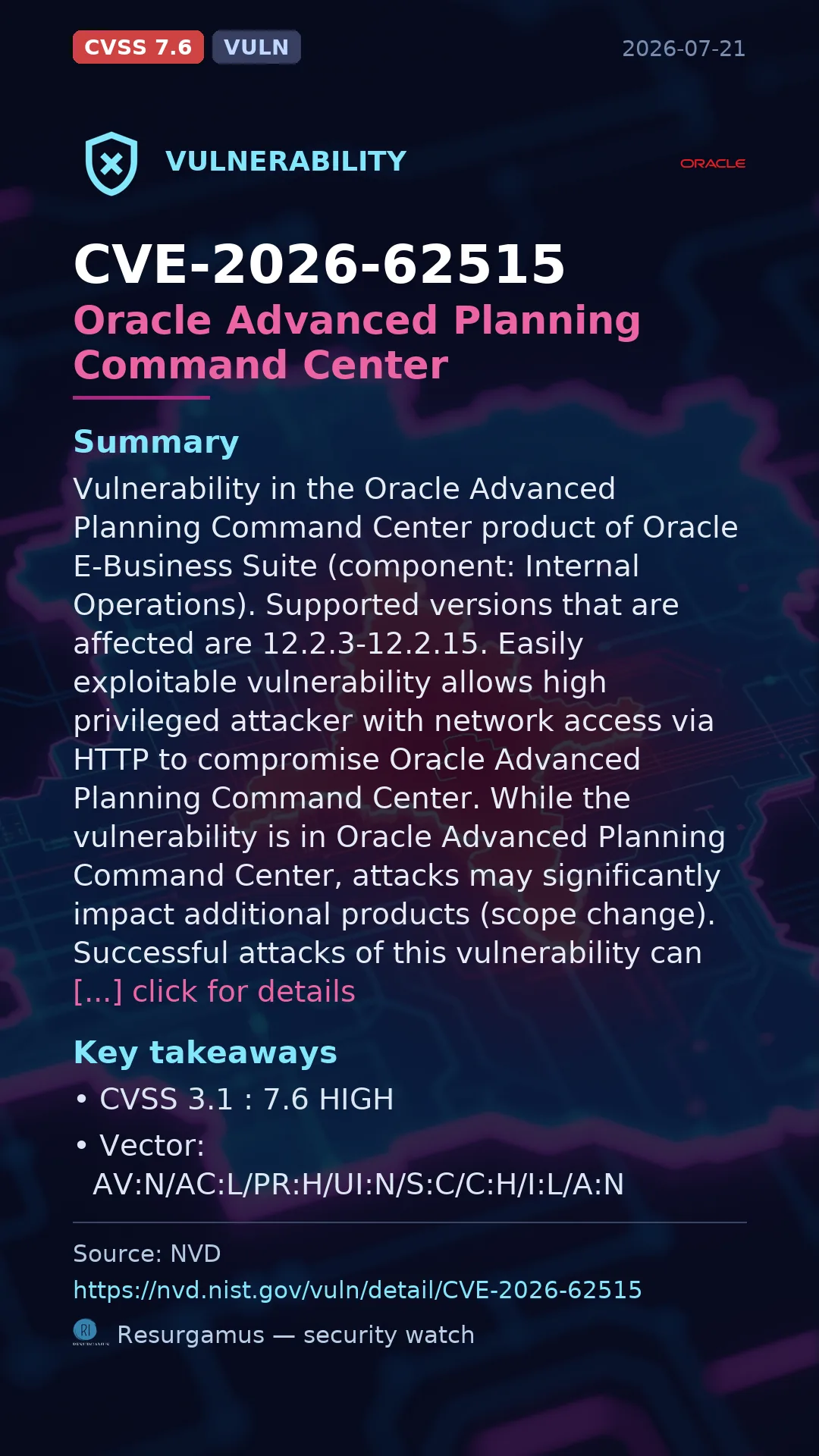 CVE-2026-62515 Oracle Advanced Planning Command Center Vulnerability