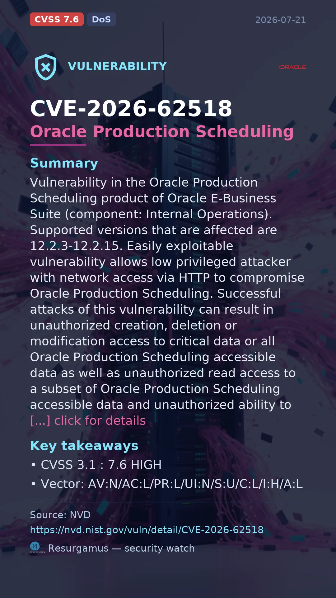 CVE-2026-62518 Oracle Production Scheduling Vulnerability