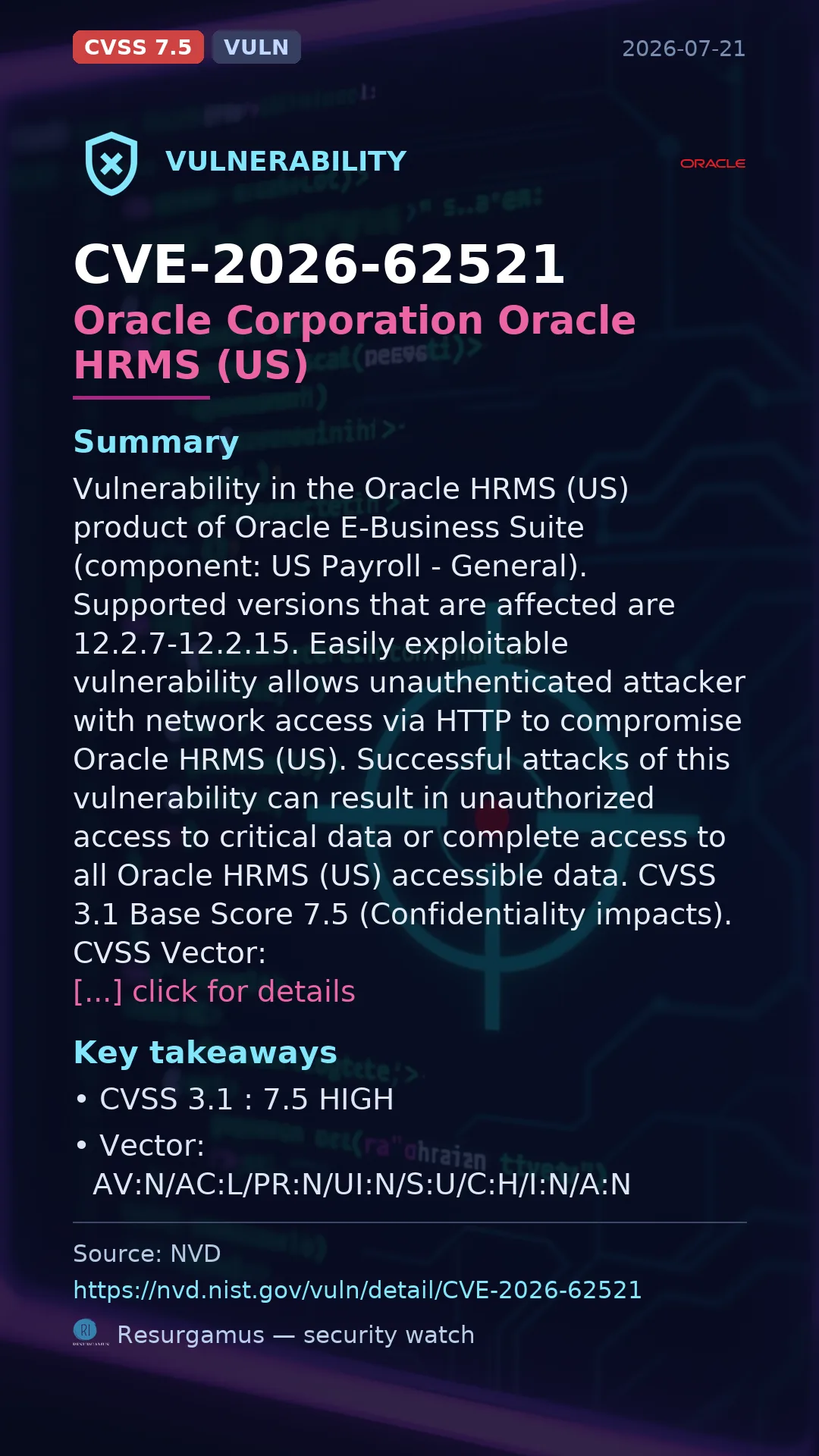 CVE-2026-62521 Oracle Corporation Oracle HRMS (US) Vulnerability