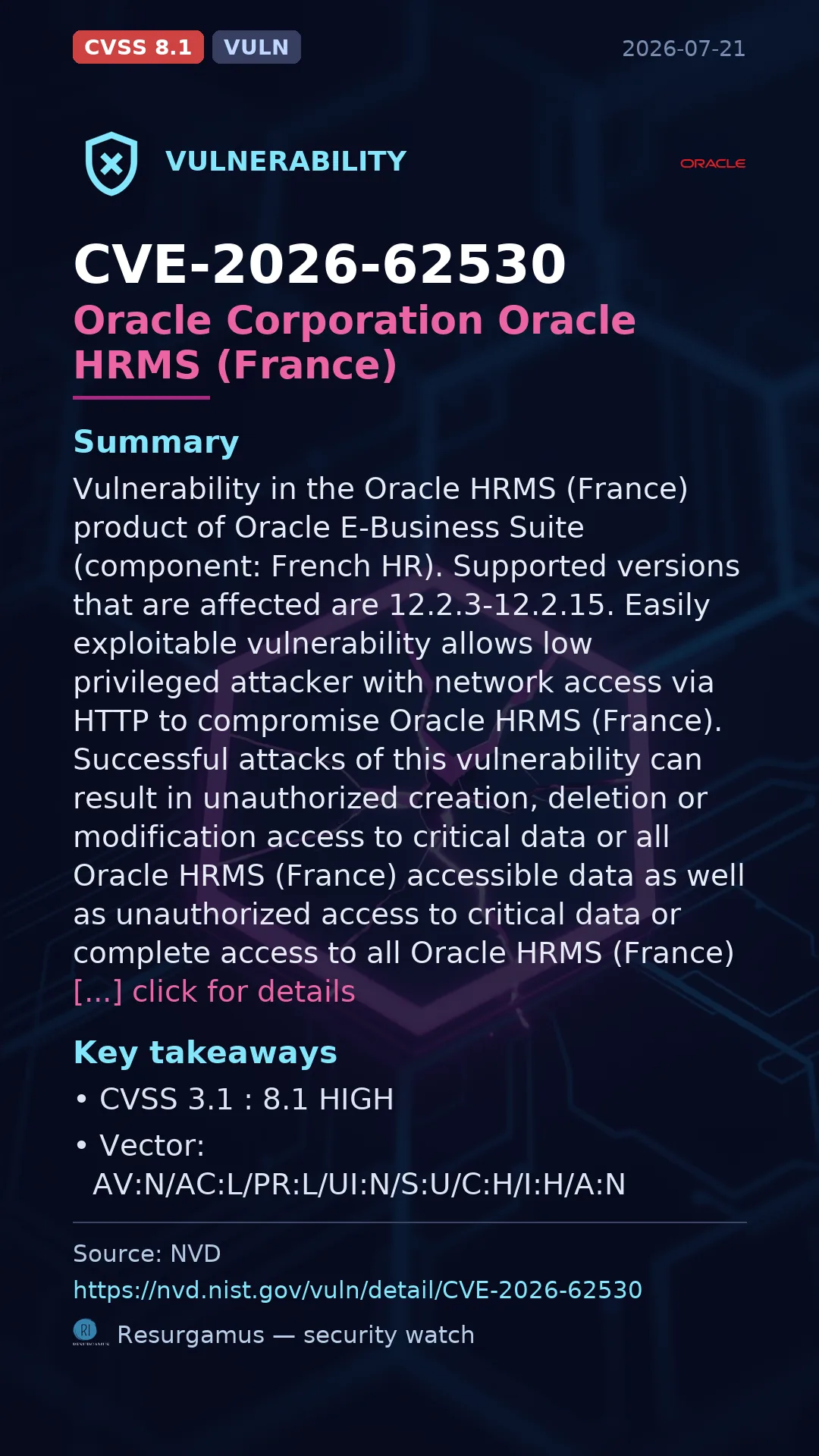 CVE-2026-62530 Oracle Corporation Oracle HRMS (France) Vulnerability
