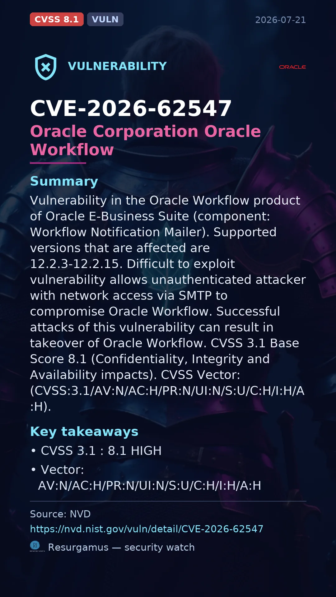 CVE-2026-62547 Oracle Corporation Oracle Workflow Vulnerability