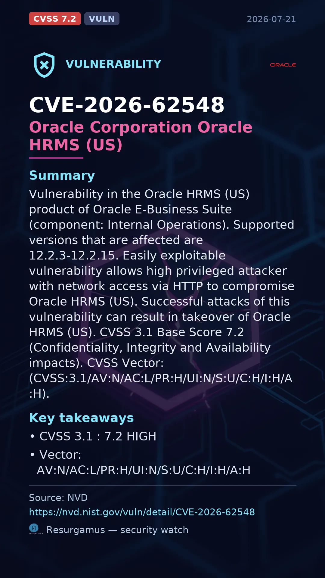 CVE-2026-62548 Oracle Corporation Oracle HRMS (US) Vulnerability