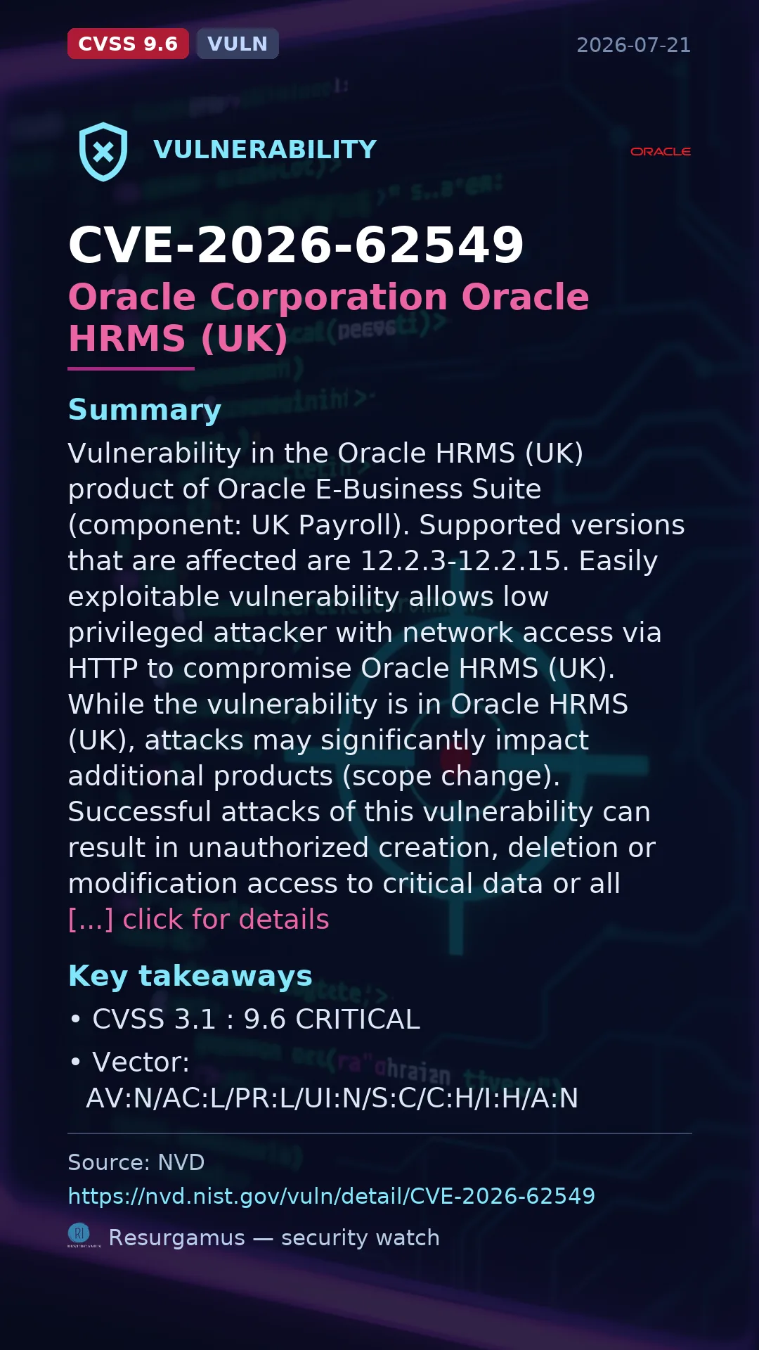CVE-2026-62549 Oracle Corporation Oracle HRMS (UK) Vulnerability