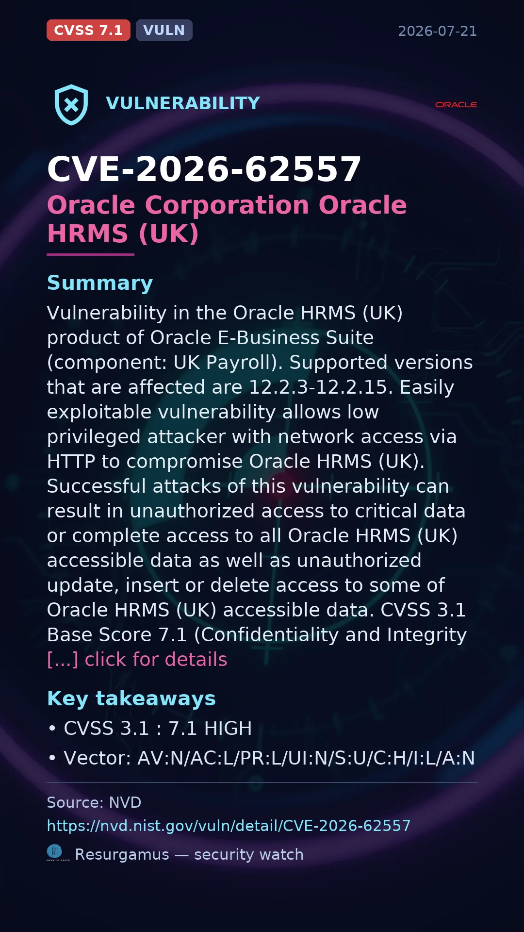CVE-2026-62557 Oracle Corporation Oracle HRMS (UK) Vulnerability