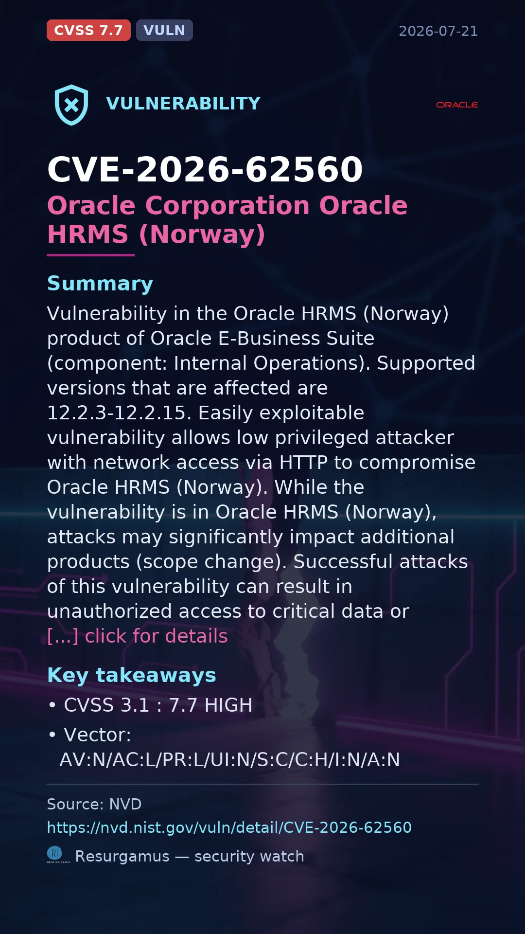 CVE-2026-62560 Oracle Corporation Oracle HRMS (Norway) Vulnerability