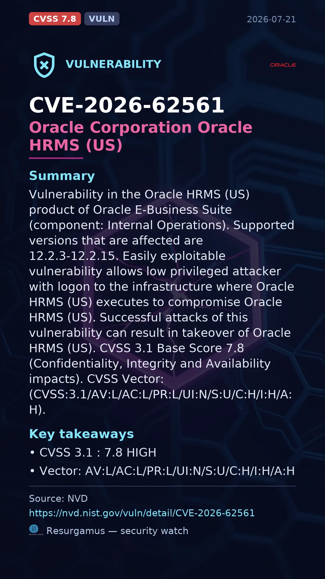 CVE-2026-62561 Oracle Corporation Oracle HRMS (US) Vulnerability