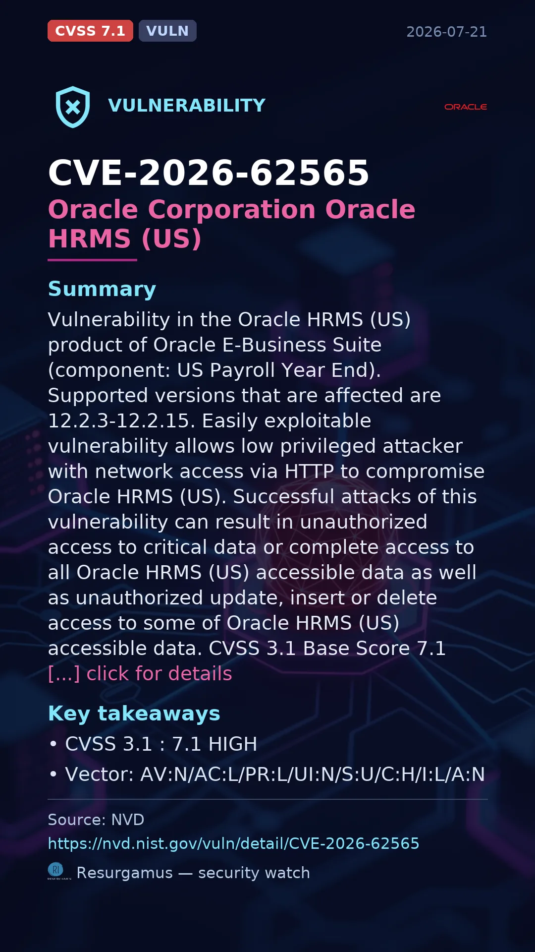 CVE-2026-62565 Oracle Corporation Oracle HRMS (US) Vulnerability