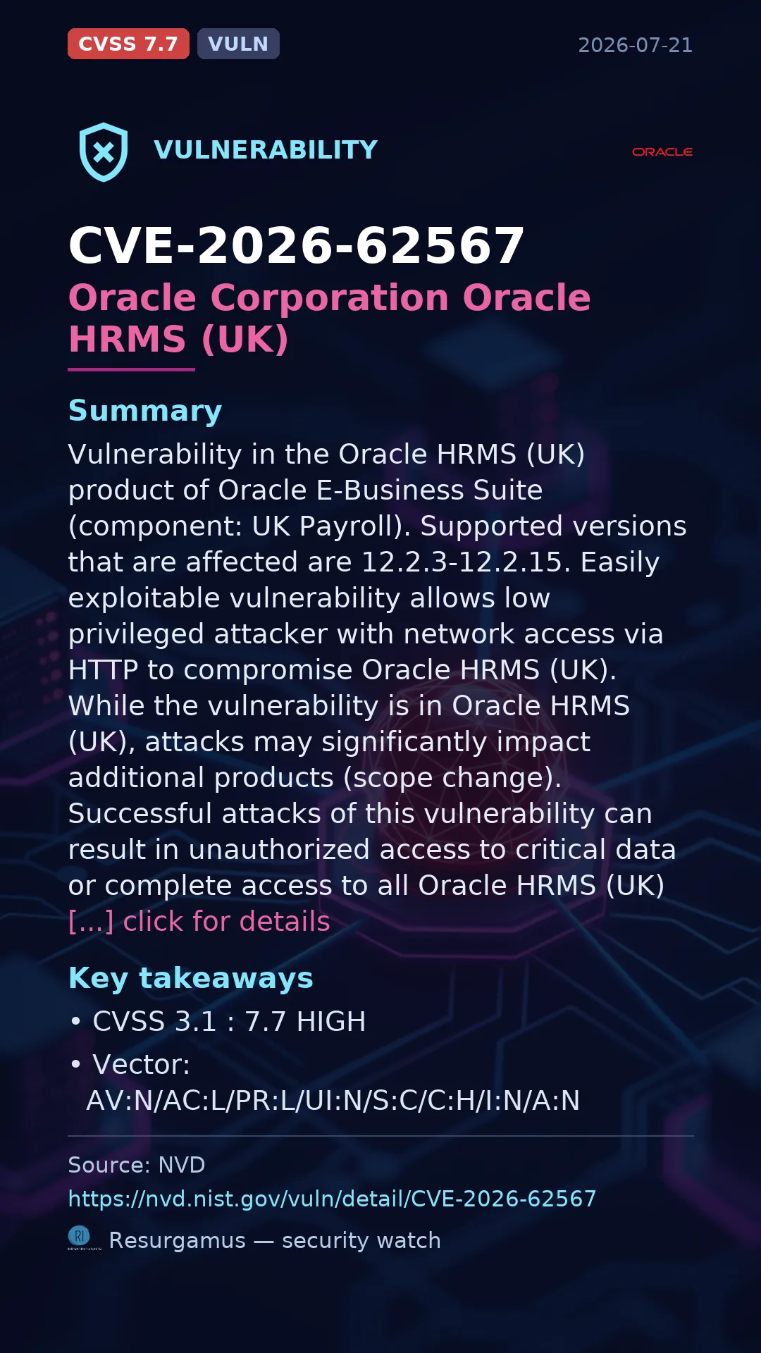 CVE-2026-62567 Oracle Corporation Oracle HRMS (UK) Vulnerability