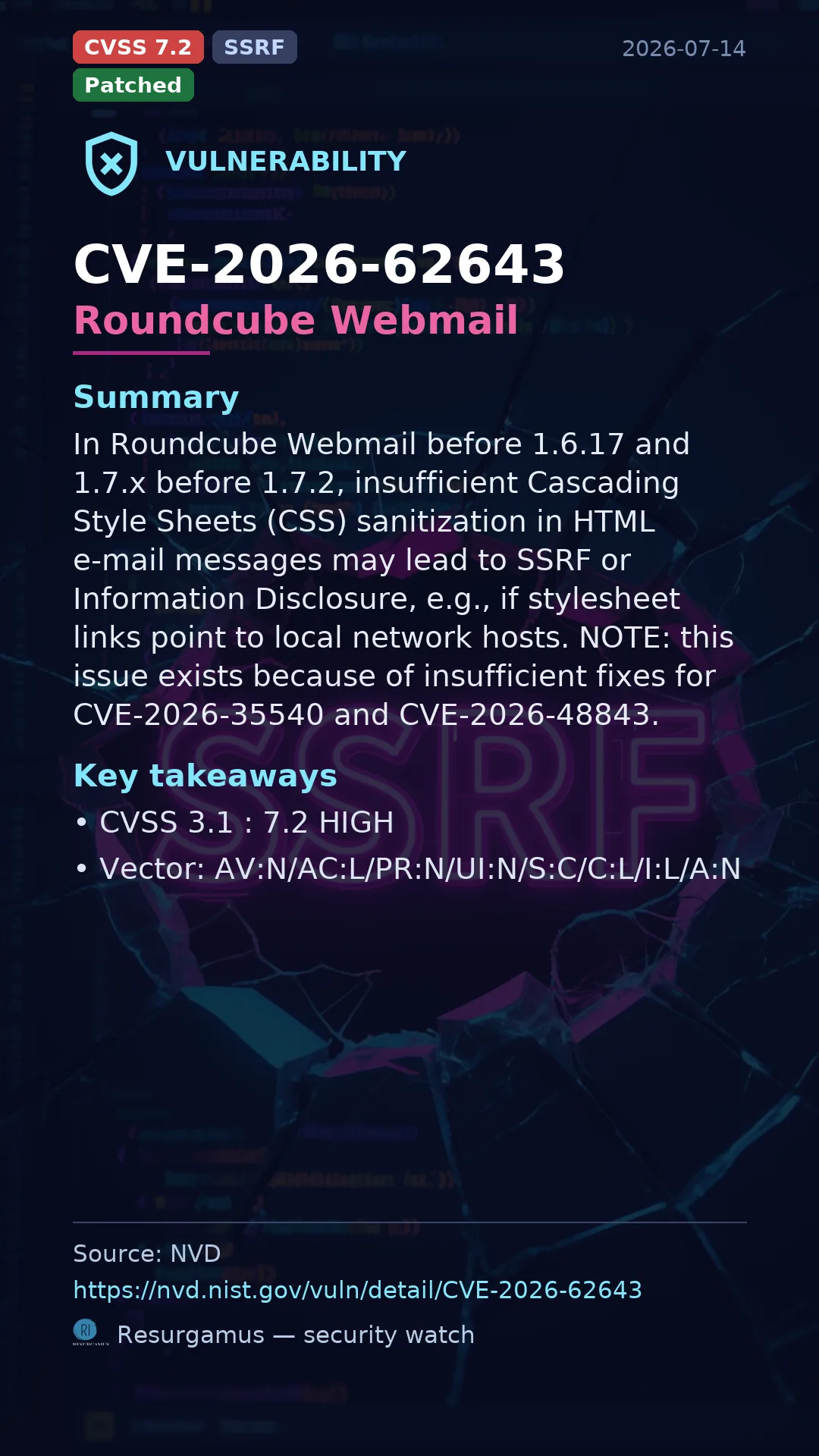 CVE-2026-62643 Roundcube Webmail Vulnerability