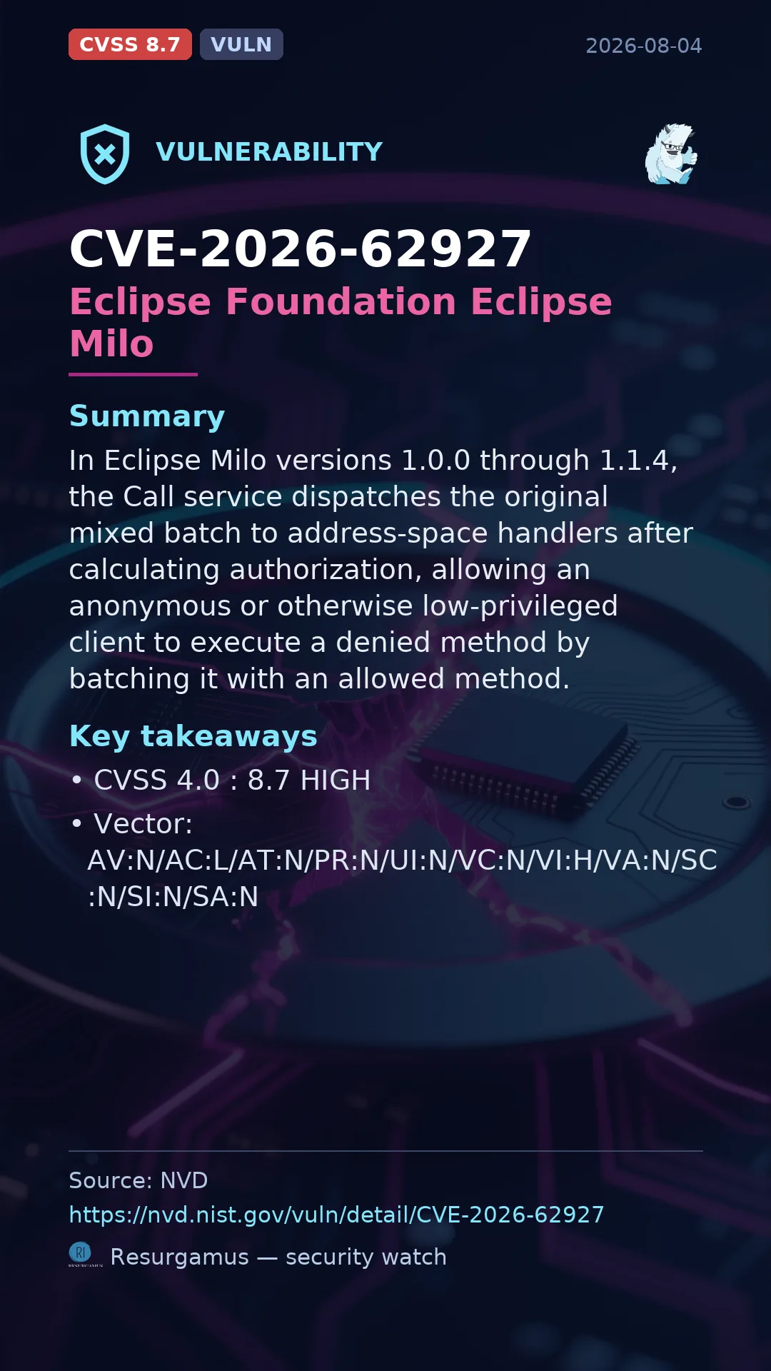 CVE-2026-62927 Eclipse Foundation Eclipse Milo Vulnerability