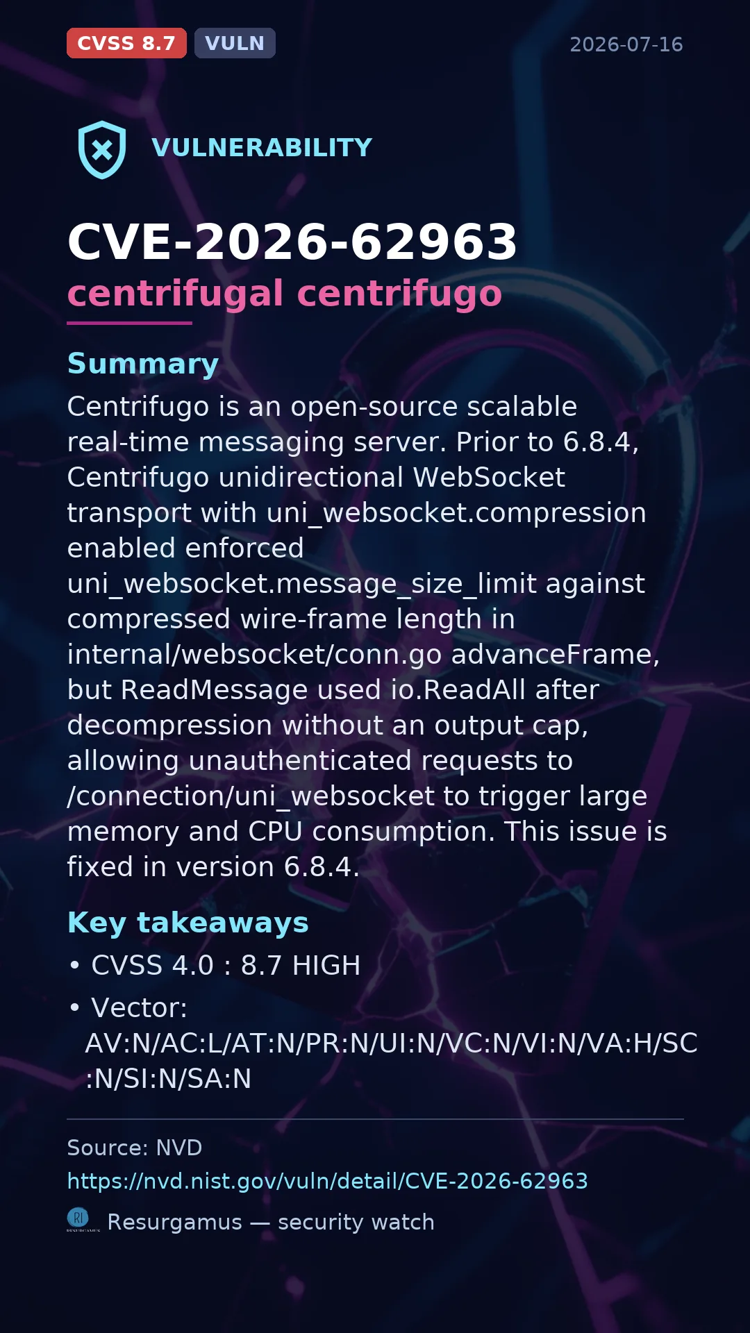 CVE-2026-62963 centrifugal centrifugo Vulnerability