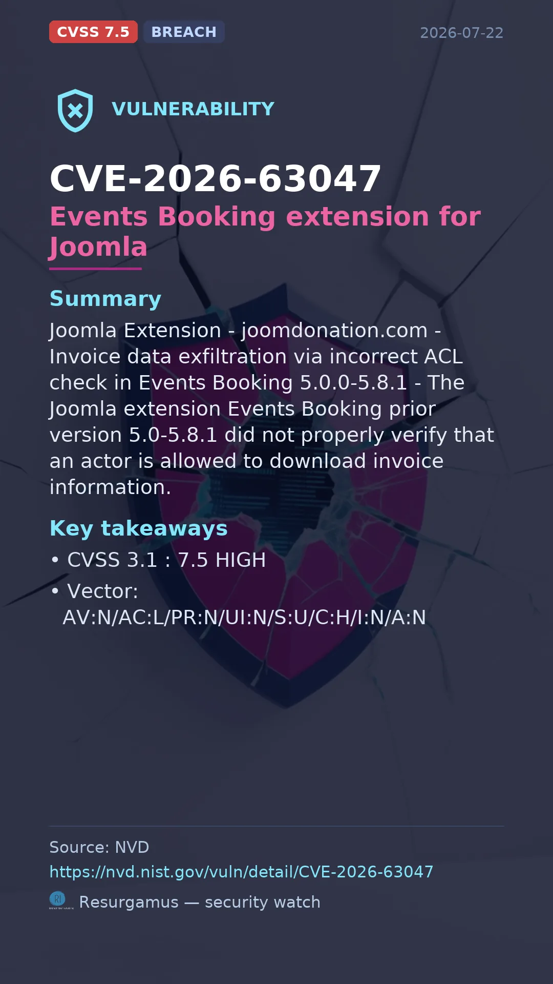 CVE-2026-63047 Events Booking extension for Joomla Vulnerability