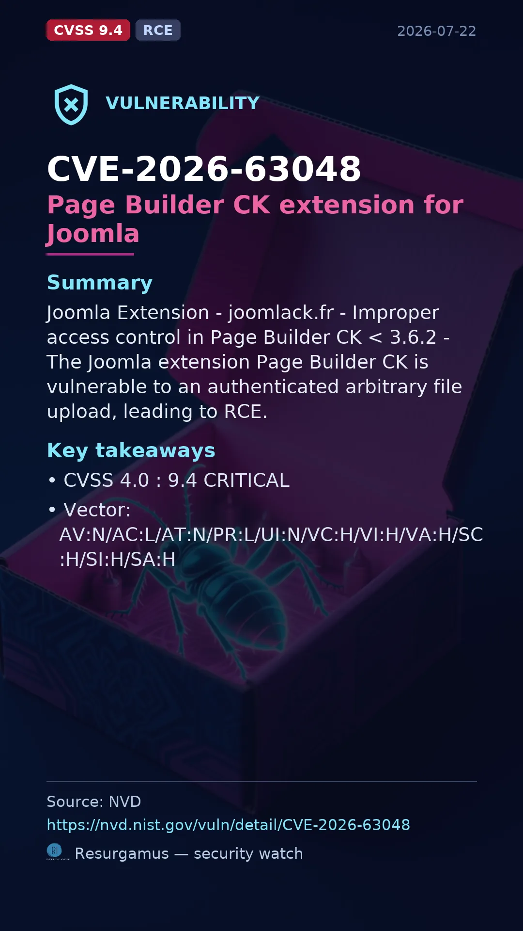 CVE-2026-63048 Page Builder CK extension for Joomla Vulnerability