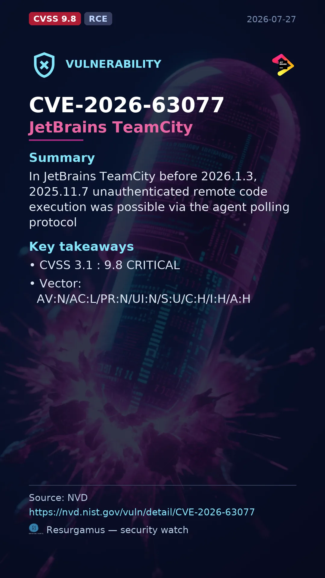CVE-2026-63077 JetBrains TeamCity Vulnerability